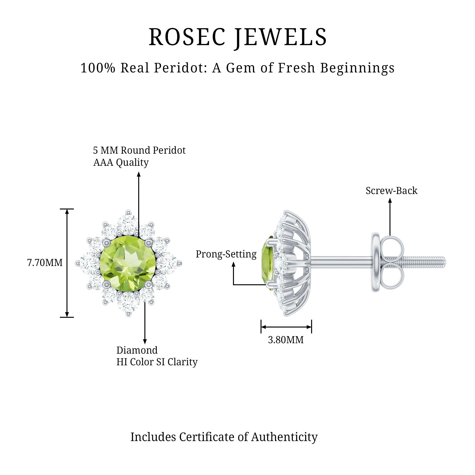 1 Carat Peridot Stud Earrings with Diamond Halo AAA - Rosec Jewels