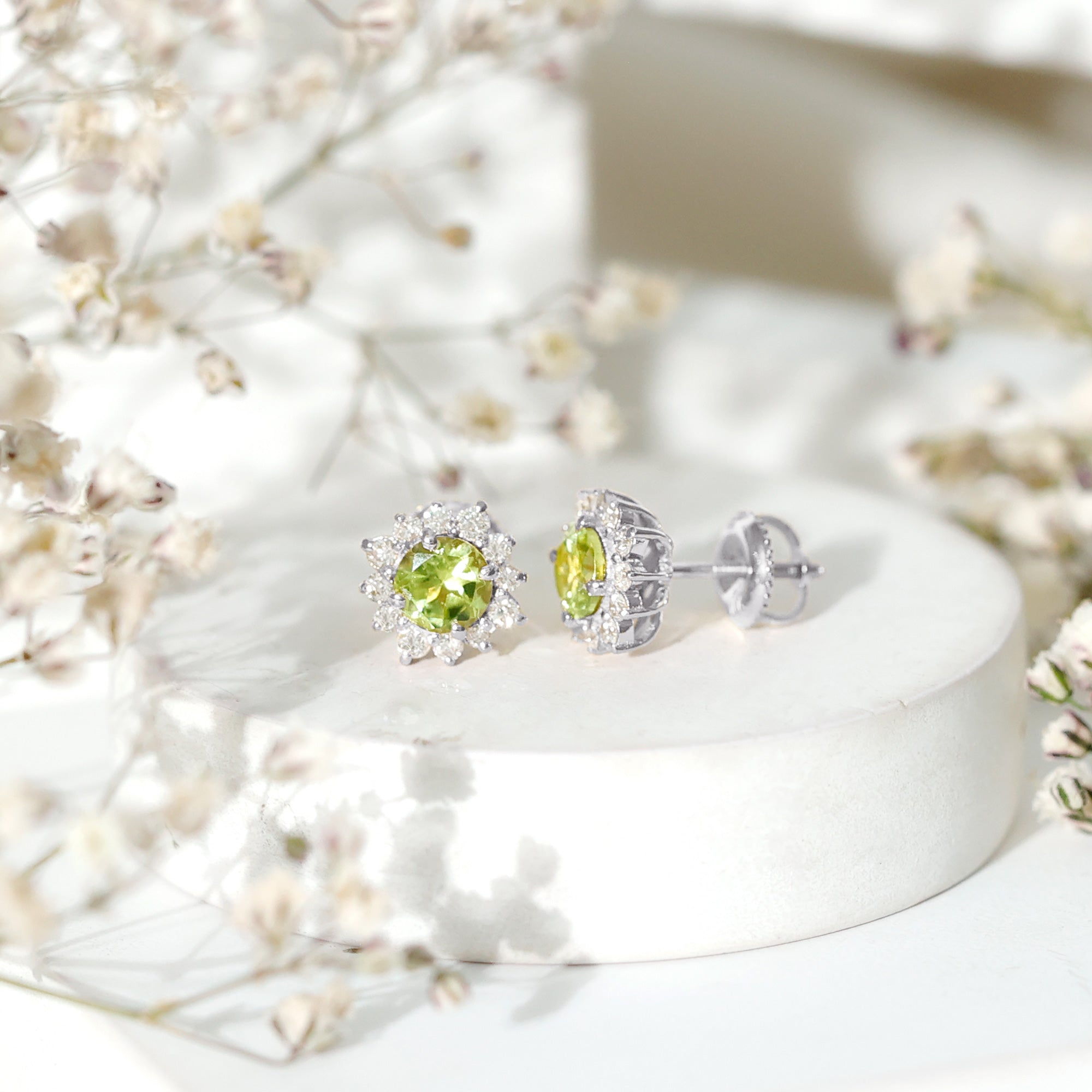 1 Carat Peridot Stud Earrings with Diamond Halo AAA - Rosec Jewels