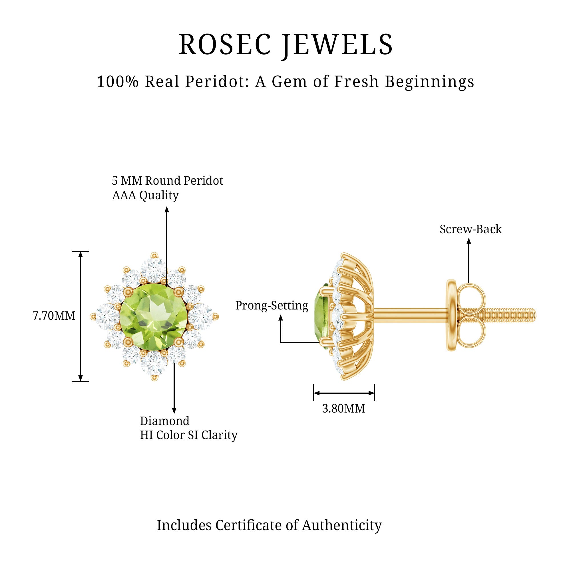 1 Carat Peridot Stud Earrings with Diamond Halo AAA - Rosec Jewels