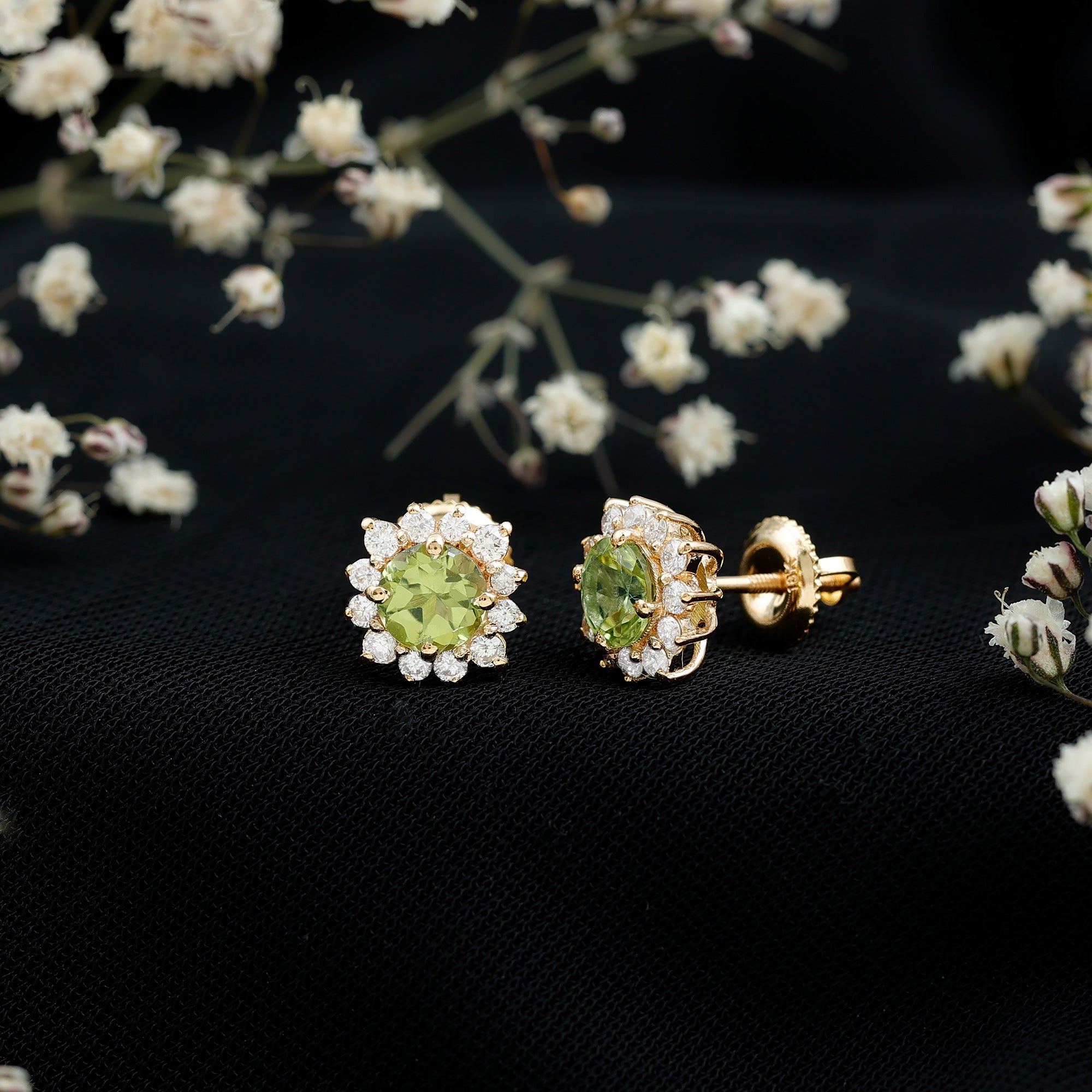 1 Carat Peridot Stud Earrings with Diamond Halo AAA - Rosec Jewels