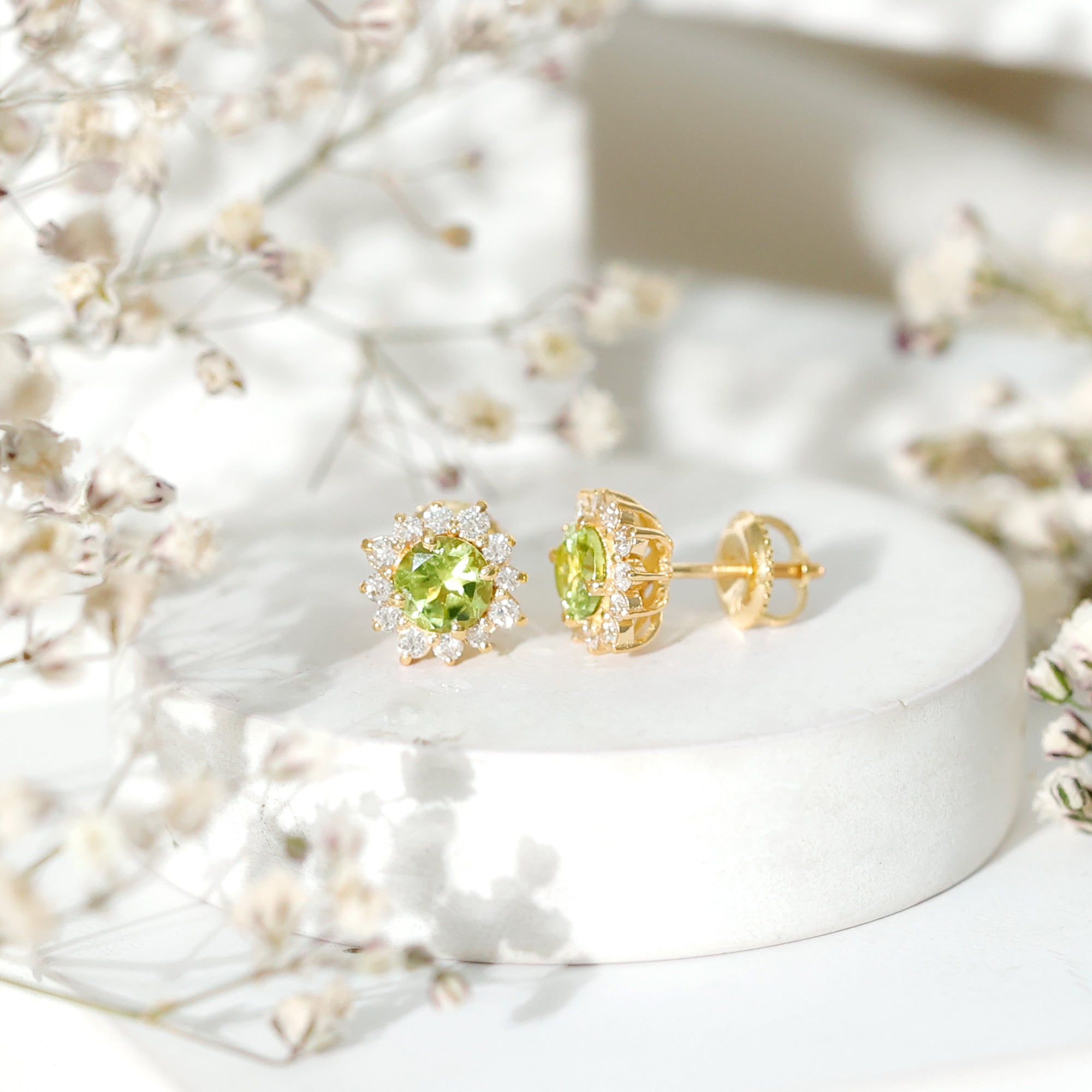 1 Carat Peridot Stud Earrings with Diamond Halo AAA - Rosec Jewels