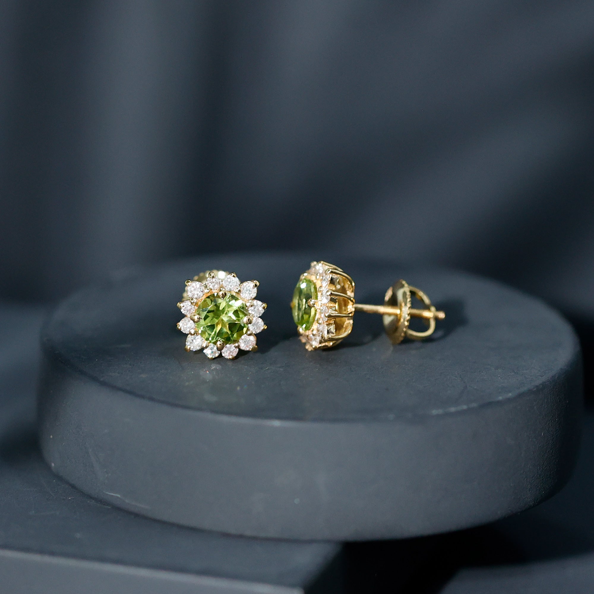 1 Carat Peridot Stud Earrings with Diamond Halo AAA - Rosec Jewels