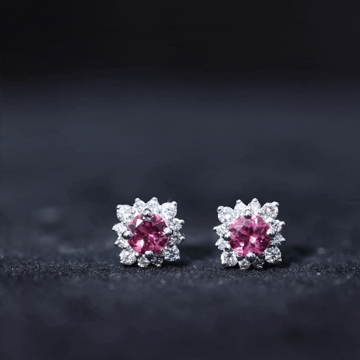 Round Pink Tourmaline Stud Earrings with Diamond Halo AAA - Rosec Jewels