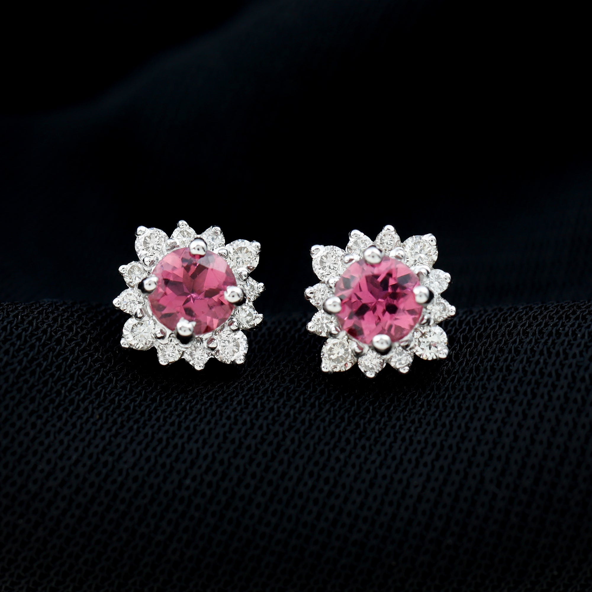 Round Pink Tourmaline Stud Earrings with Diamond Halo AAA - Rosec Jewels