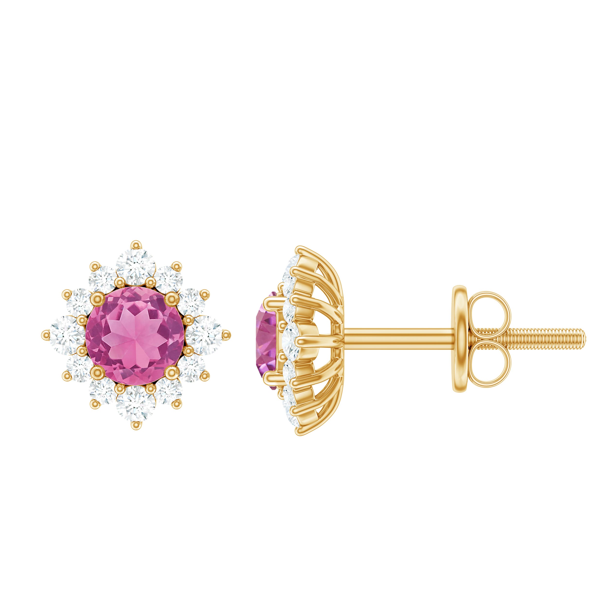 Round Pink Tourmaline Stud Earrings with Diamond Halo AAA - Rosec Jewels