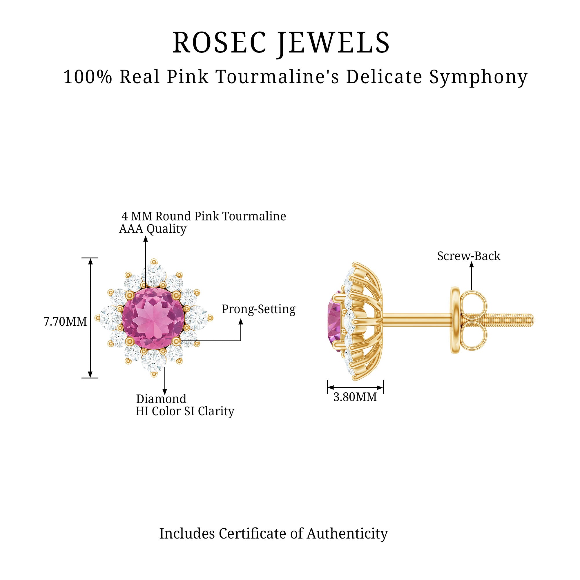 Round Pink Tourmaline Stud Earrings with Diamond Halo AAA - Rosec Jewels