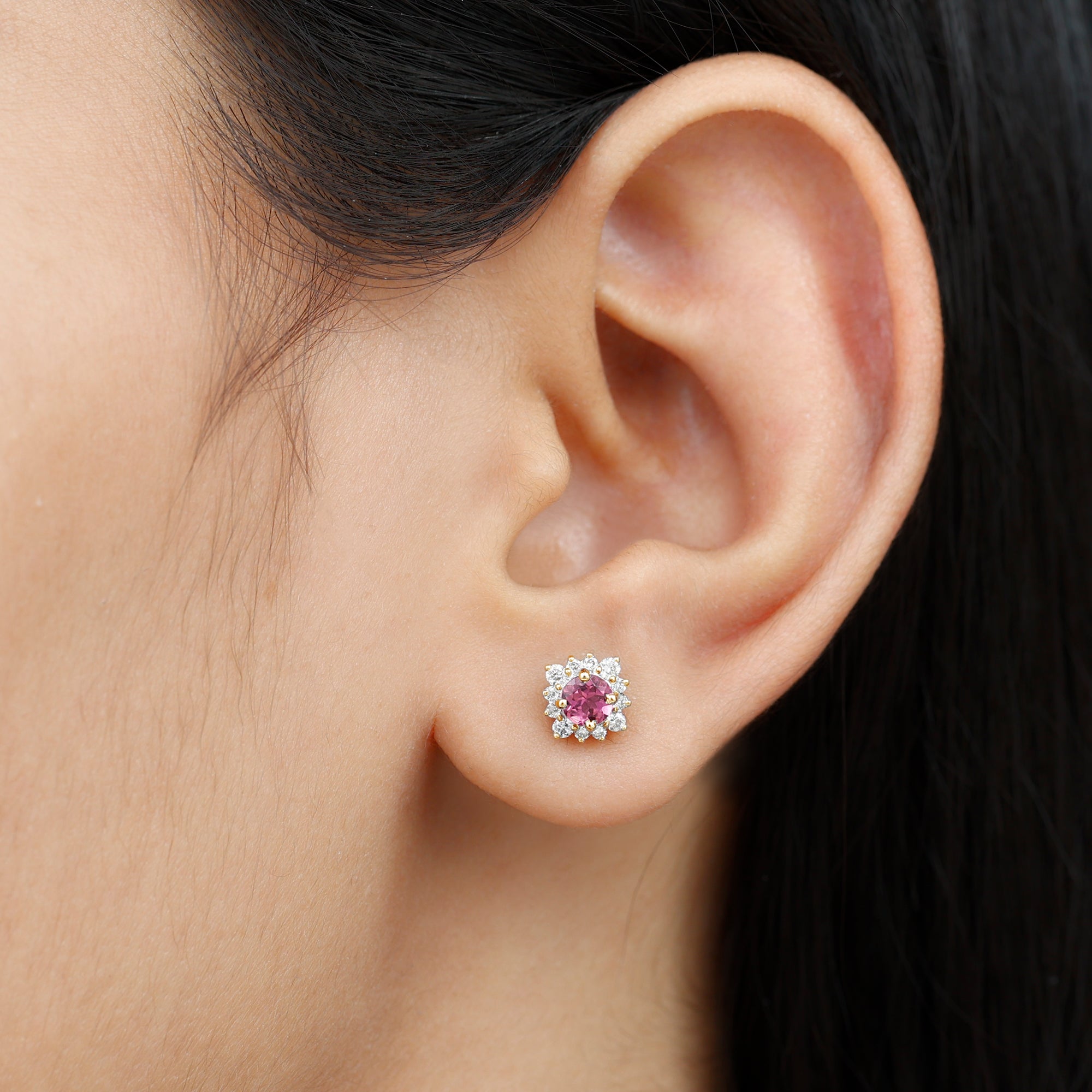 Round Pink Tourmaline Stud Earrings with Diamond Halo AAA - Rosec Jewels
