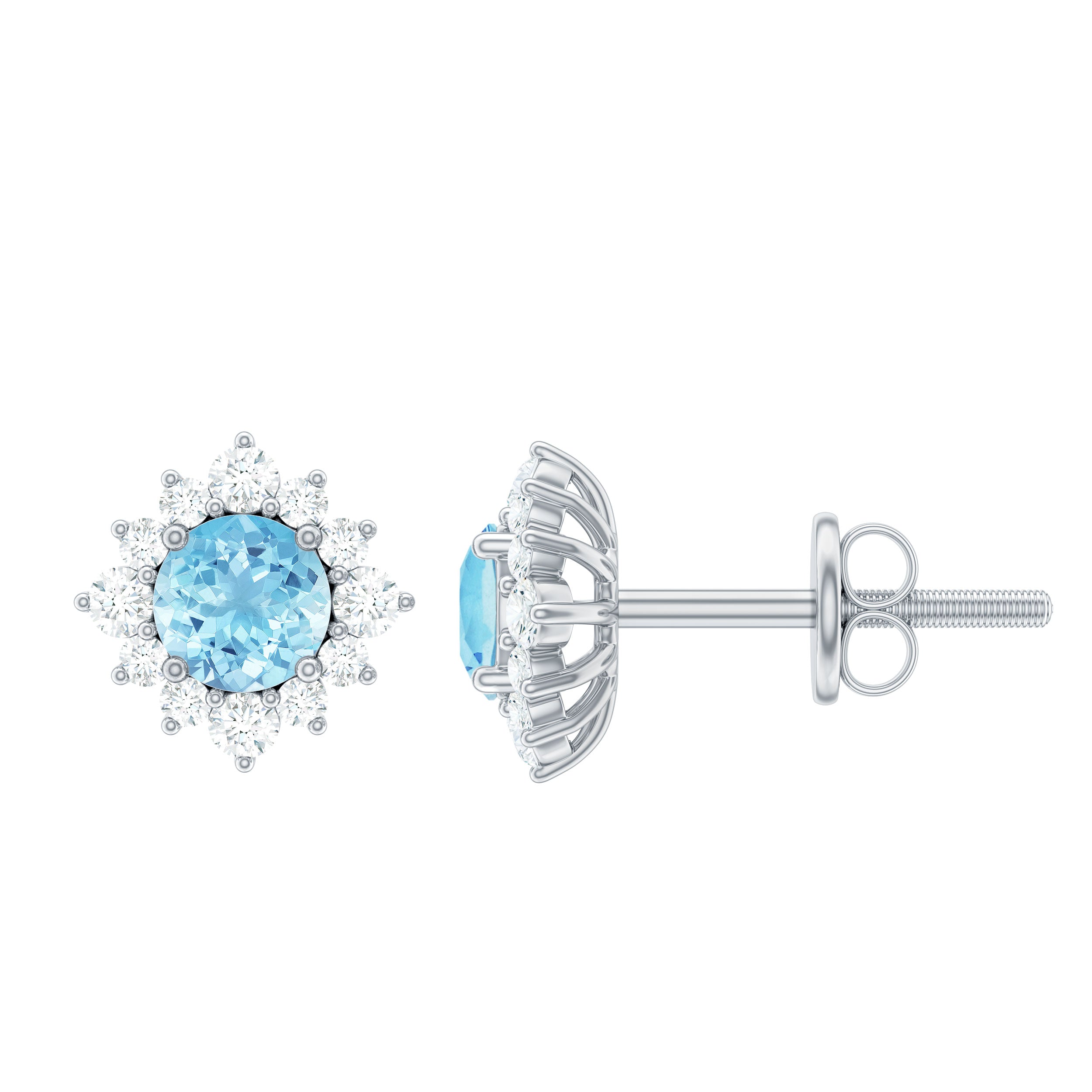Real Aquamarine Stud Earrings with Diamond Halo AAA - Rosec Jewels