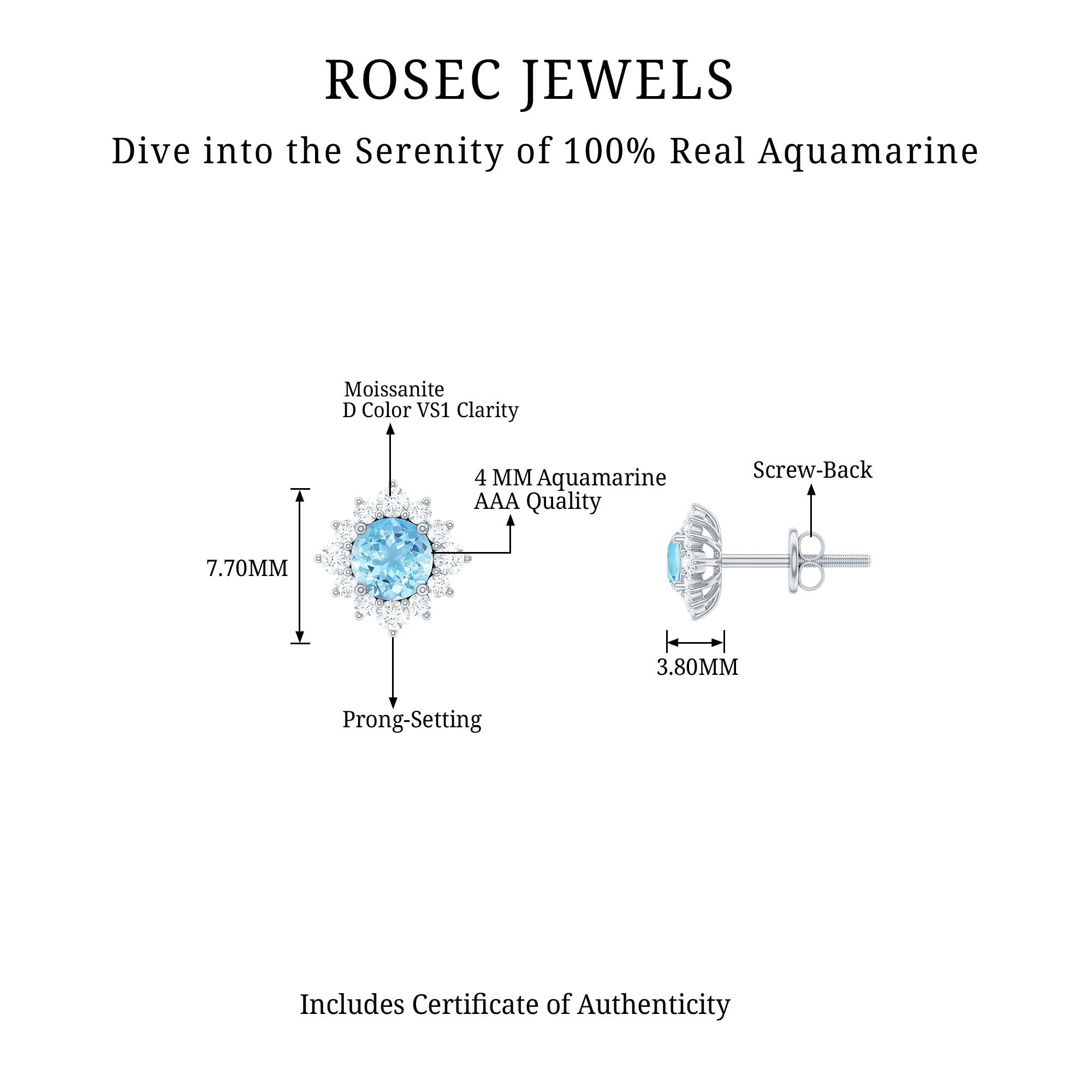 Real Aquamarine Stud Earrings with Diamond Halo AAA - Rosec Jewels