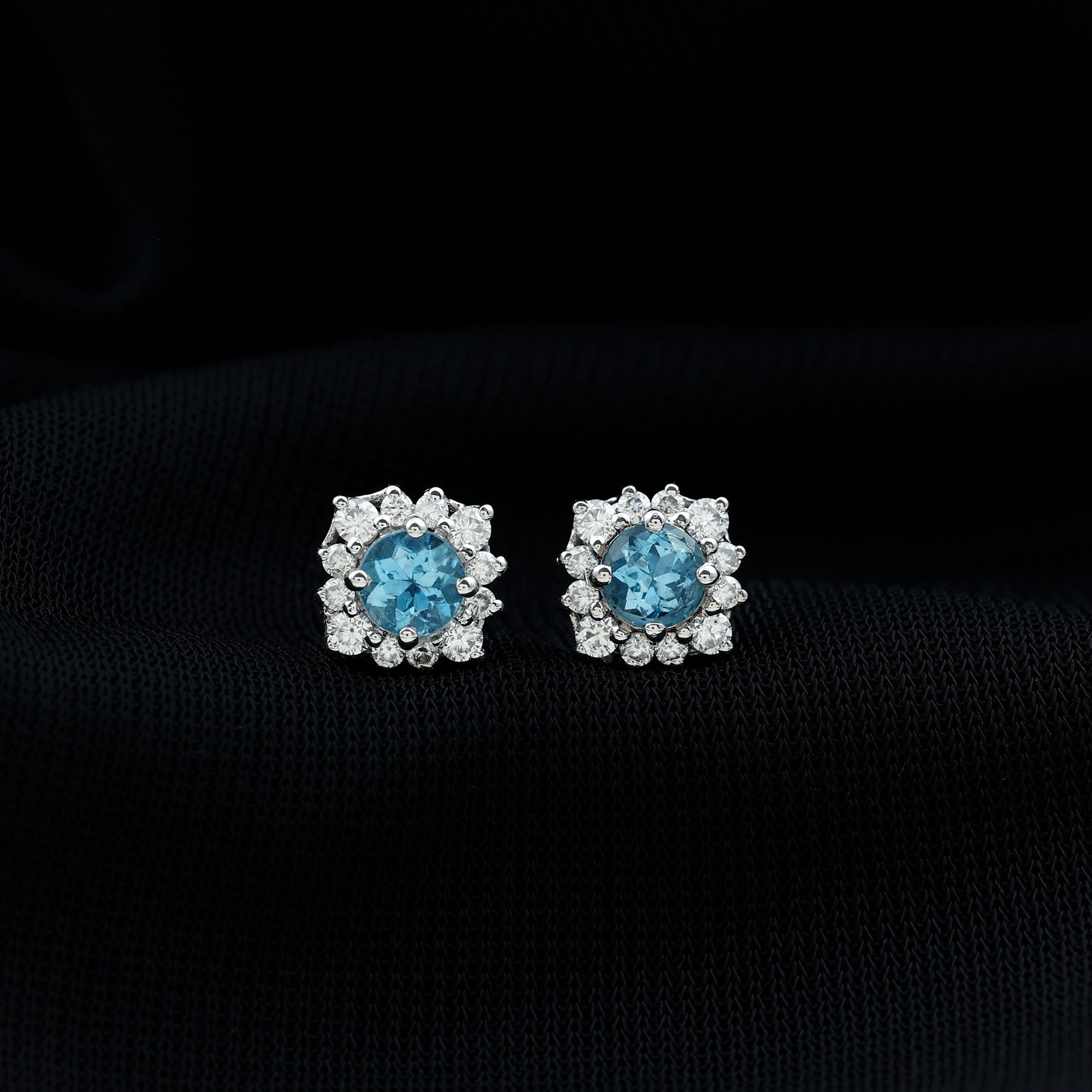 Real Aquamarine Stud Earrings with Diamond Halo AAA - Rosec Jewels