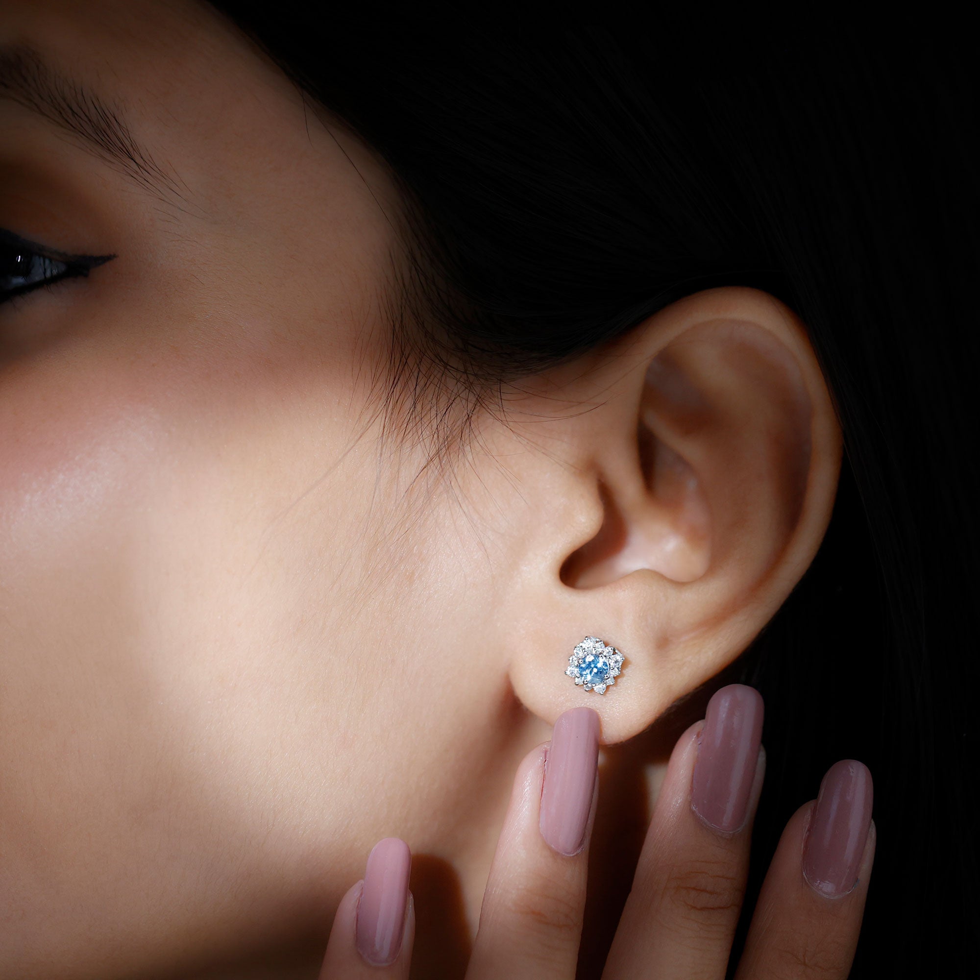 Real Aquamarine Stud Earrings with Diamond Halo AAA - Rosec Jewels