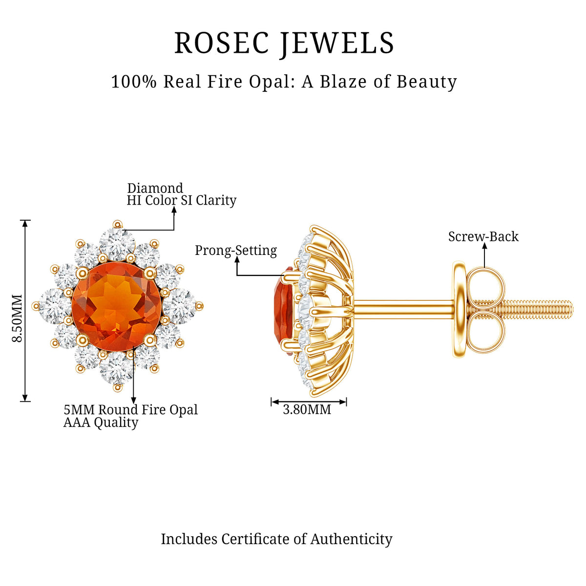 0.9 Carat Classic Fire Opal Stud Earrings with Diamond Halo AAA - Rosec Jewels