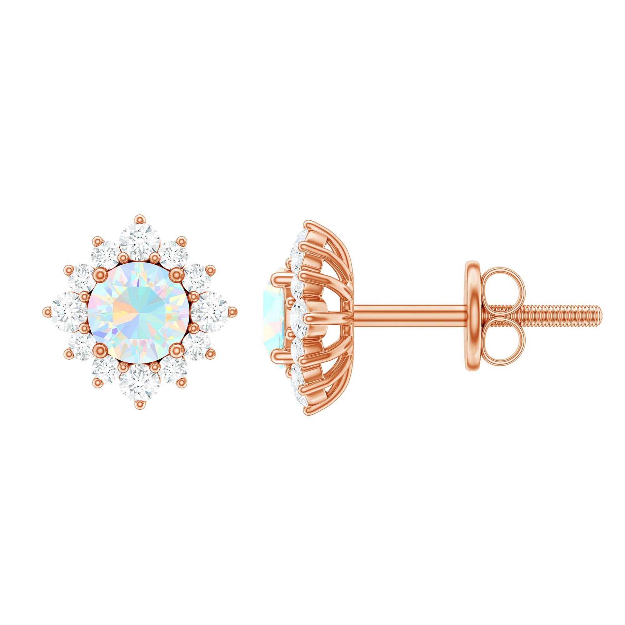 Classic Ethiopian Opal Stud Earrings with Diamond Halo AAA - Rosec Jewels
