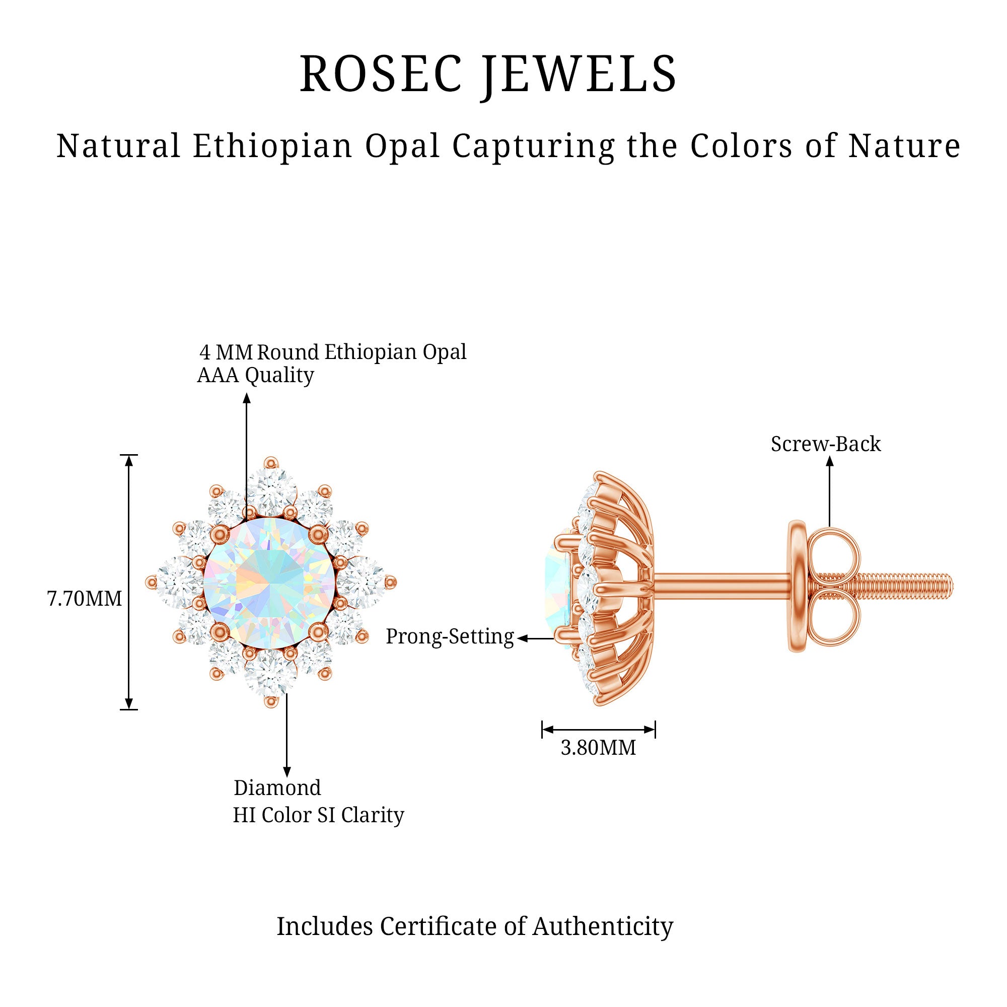 Classic Ethiopian Opal Stud Earrings with Diamond Halo AAA - Rosec Jewels