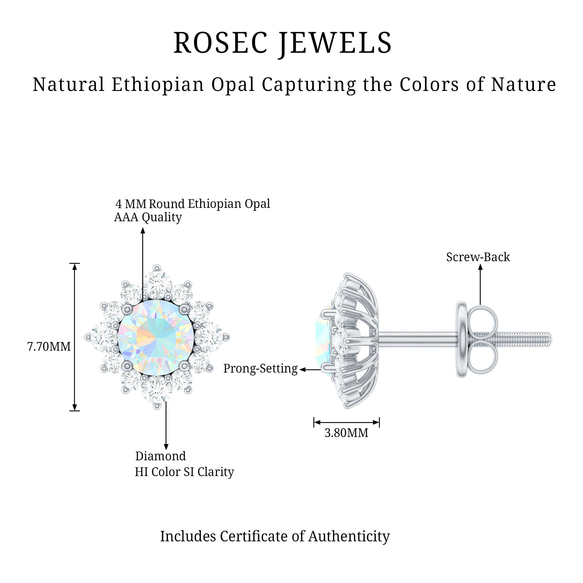 Classic Ethiopian Opal Stud Earrings with Diamond Halo AAA - Rosec Jewels