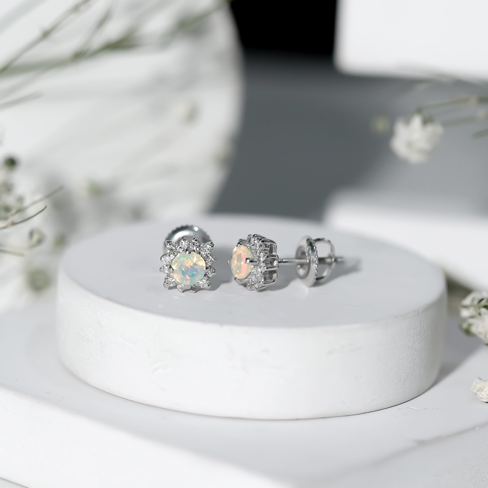 Classic Ethiopian Opal Stud Earrings with Diamond Halo AAA - Rosec Jewels