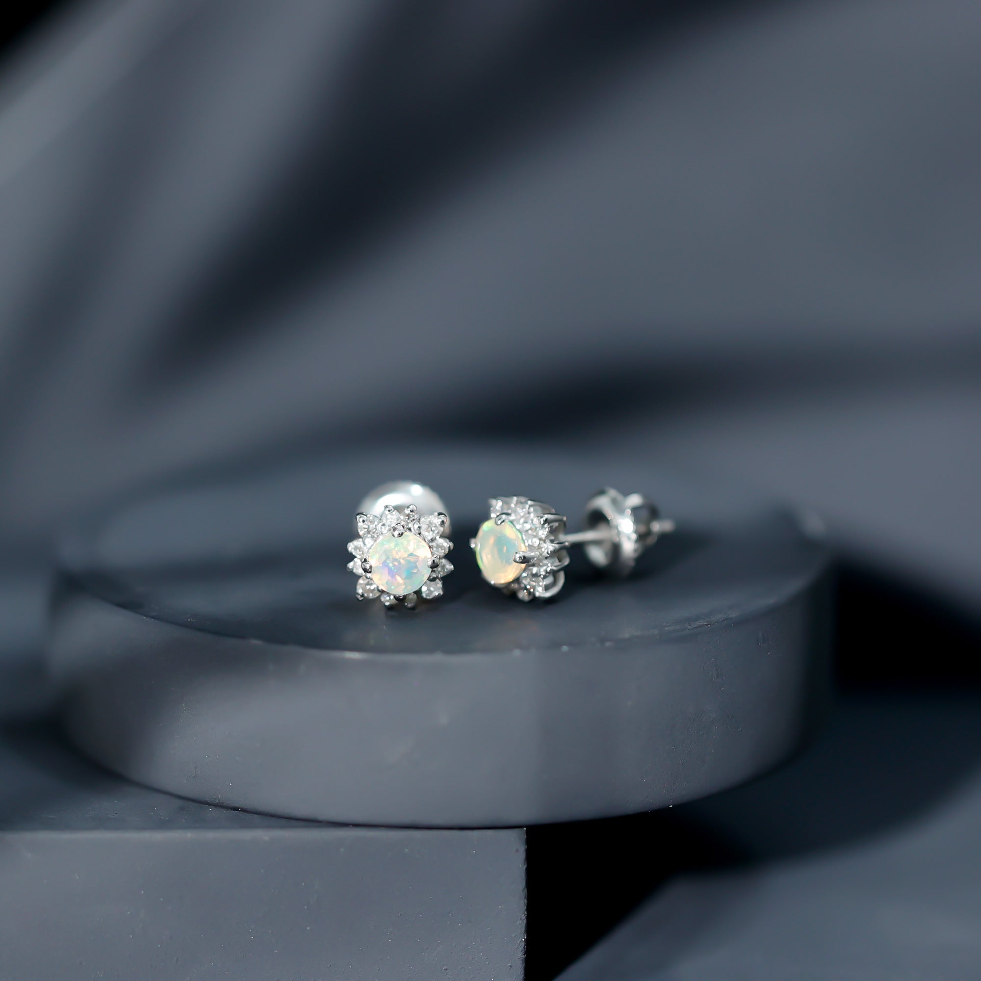 Classic Ethiopian Opal Stud Earrings with Diamond Halo AAA - Rosec Jewels