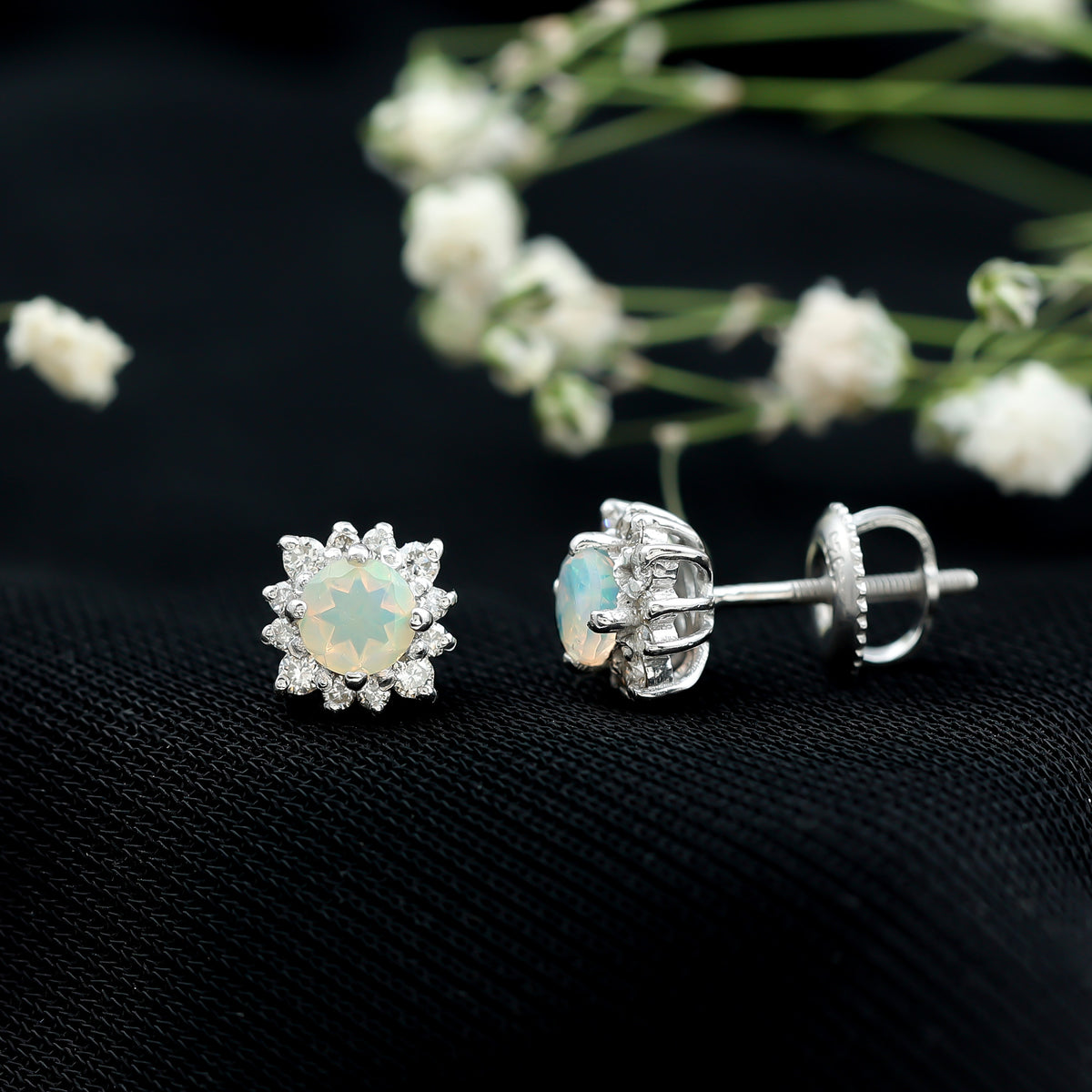 Classic Ethiopian Opal Stud Earrings with Diamond Halo AAA - Rosec Jewels
