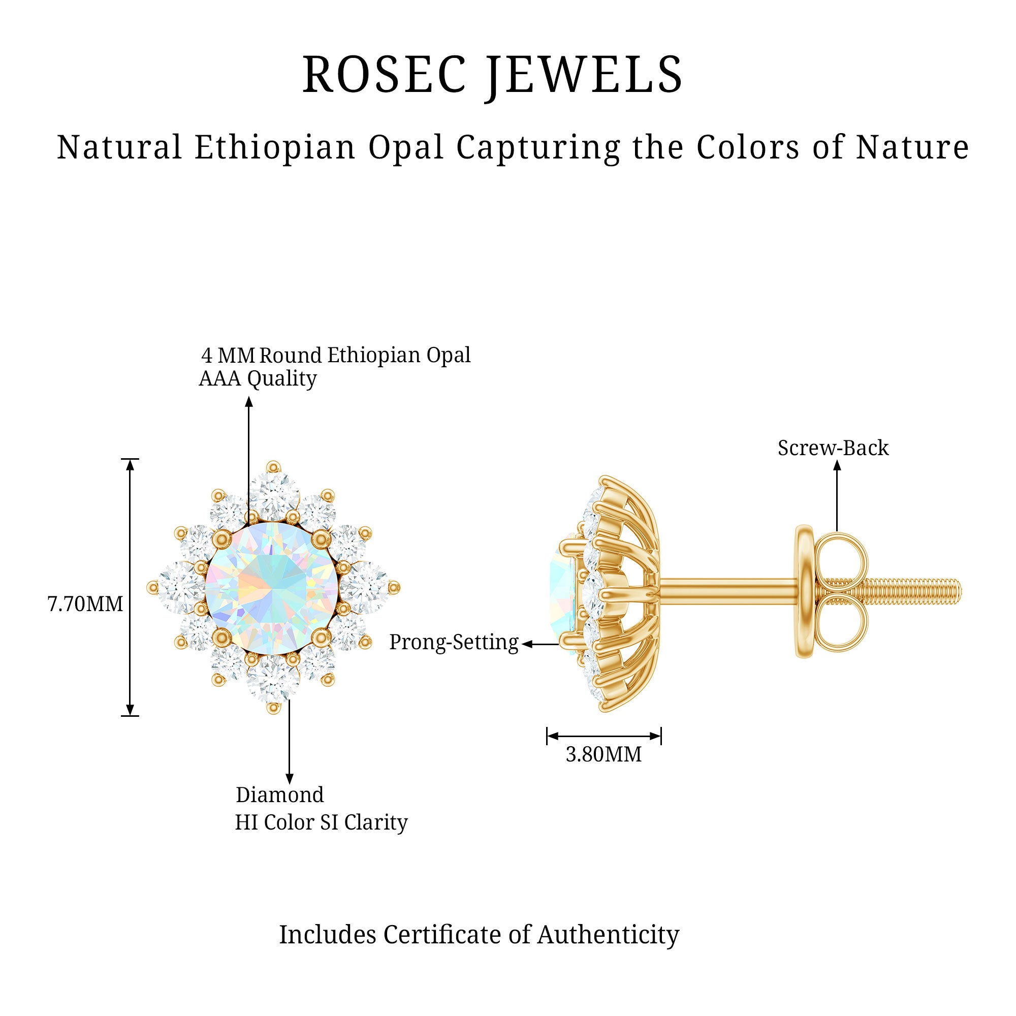 Classic Ethiopian Opal Stud Earrings with Diamond Halo AAA - Rosec Jewels