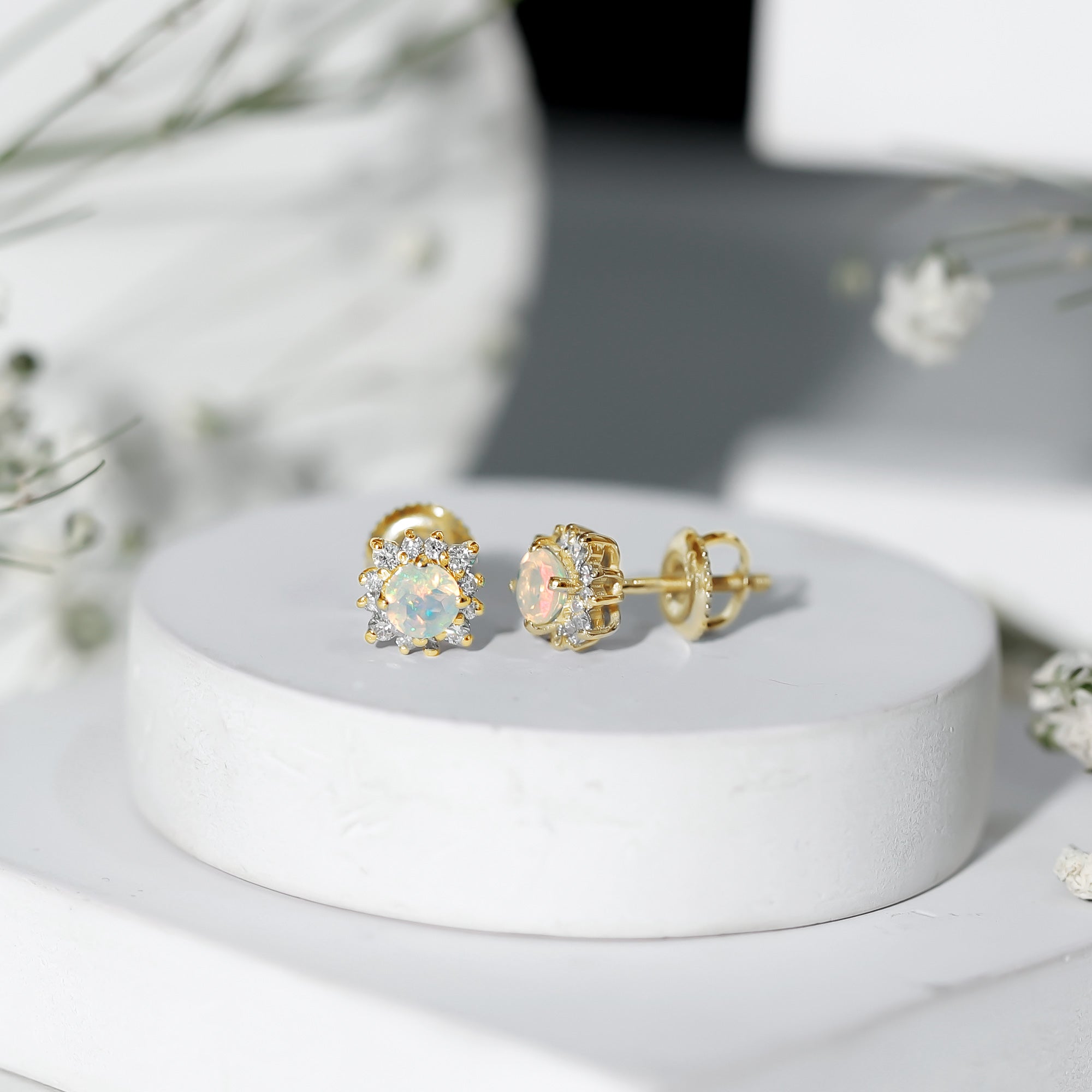 Classic Ethiopian Opal Stud Earrings with Diamond Halo AAA - Rosec Jewels