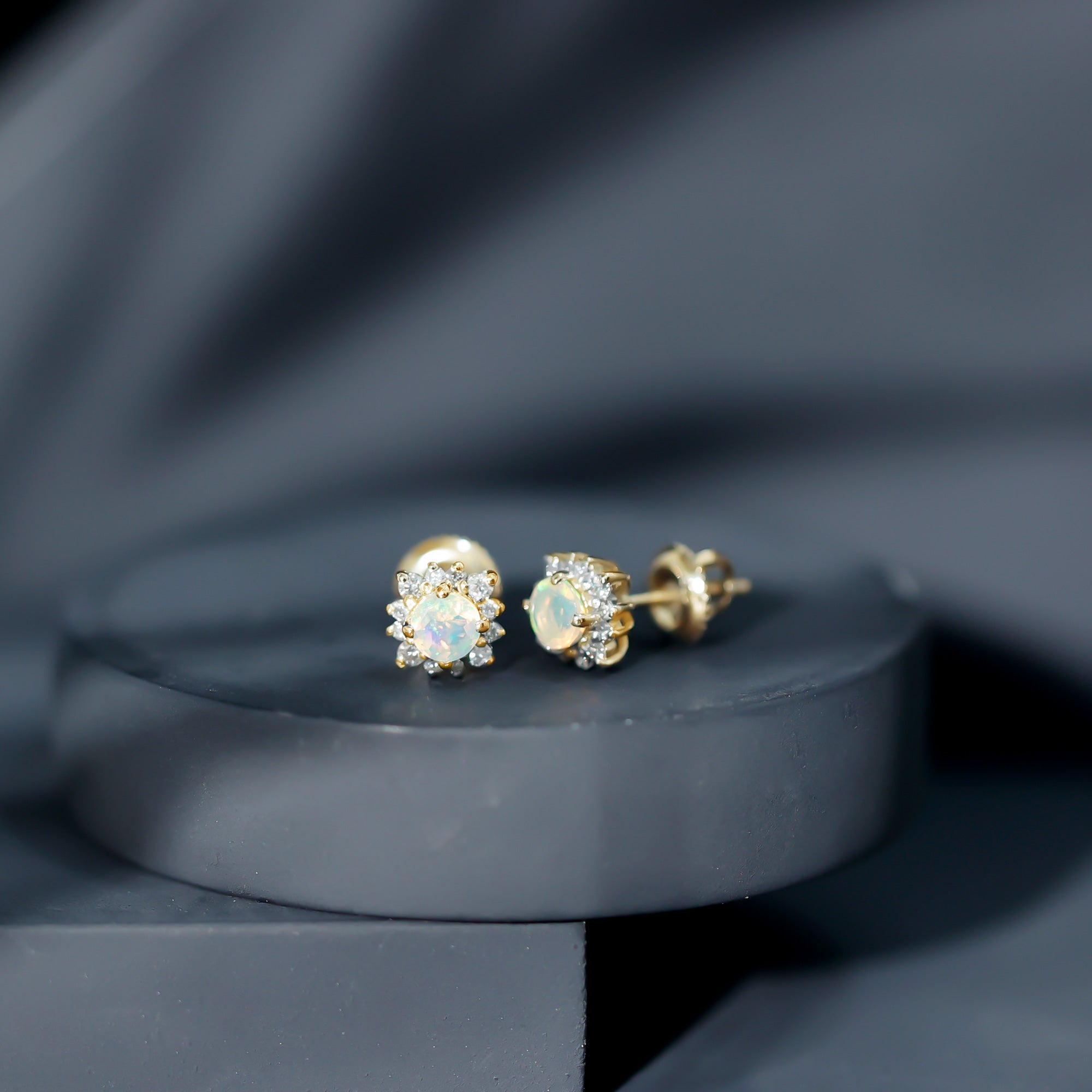 Classic Ethiopian Opal Stud Earrings with Diamond Halo AAA - Rosec Jewels