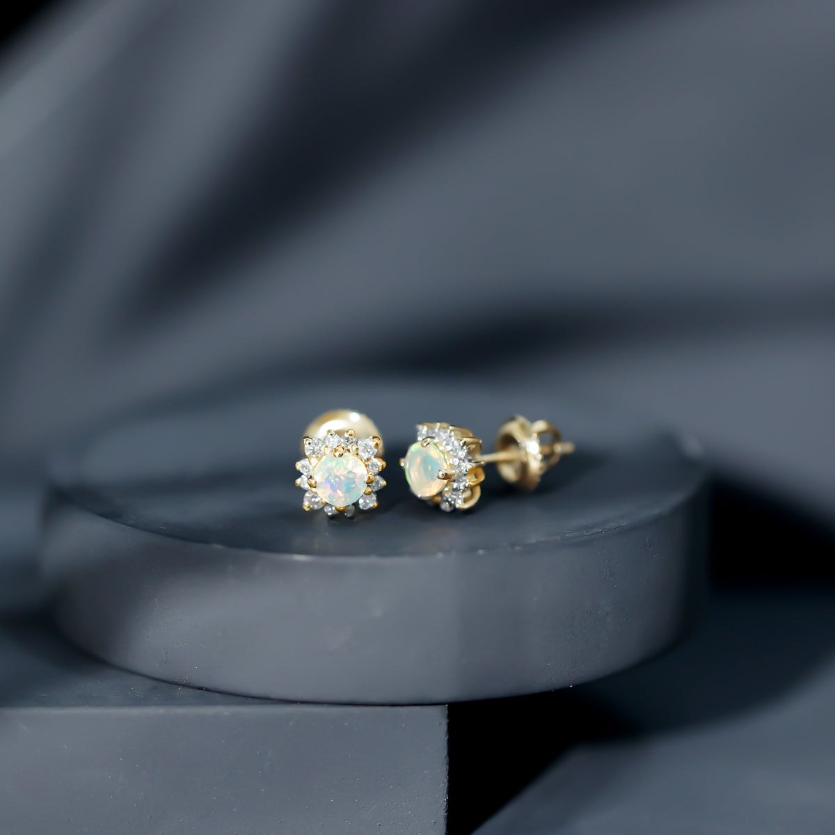 Classic Ethiopian Opal Stud Earrings with Diamond Halo AAA - Rosec Jewels