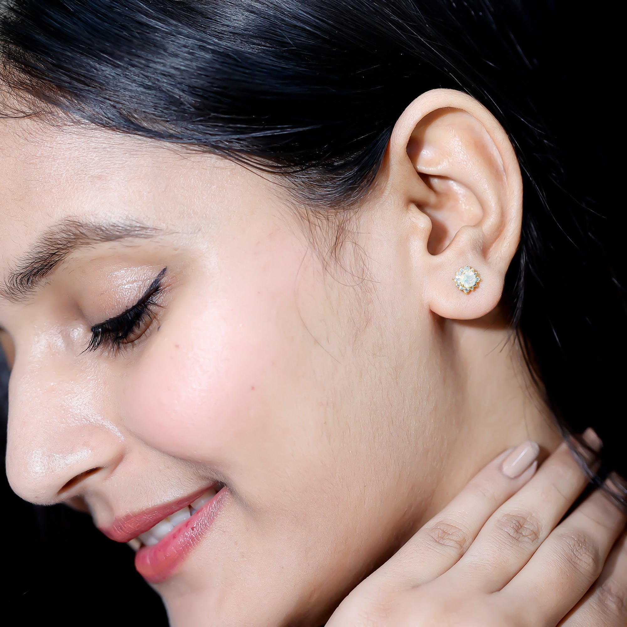 Classic Ethiopian Opal Stud Earrings with Diamond Halo AAA - Rosec Jewels