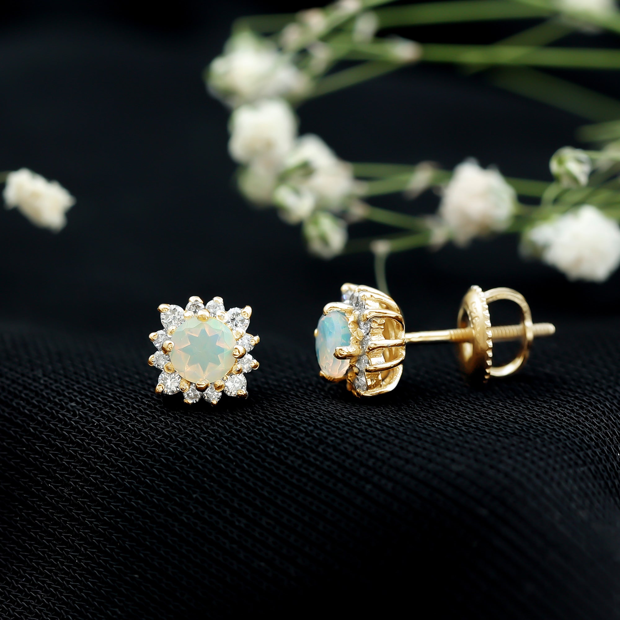 Classic Ethiopian Opal Stud Earrings with Diamond Halo AAA - Rosec Jewels