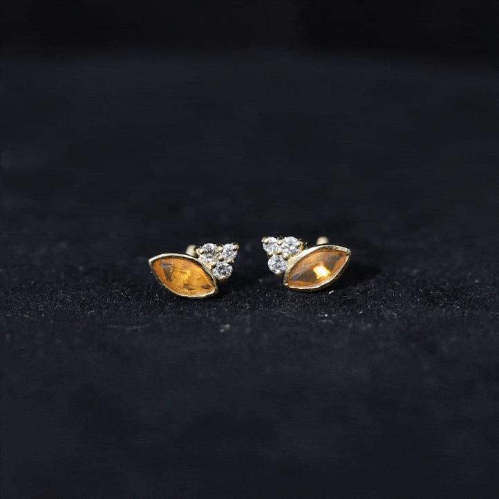 Marquise Cut Fire Opal Stud Earrings with Diamond Trio AAA - Rosec Jewels