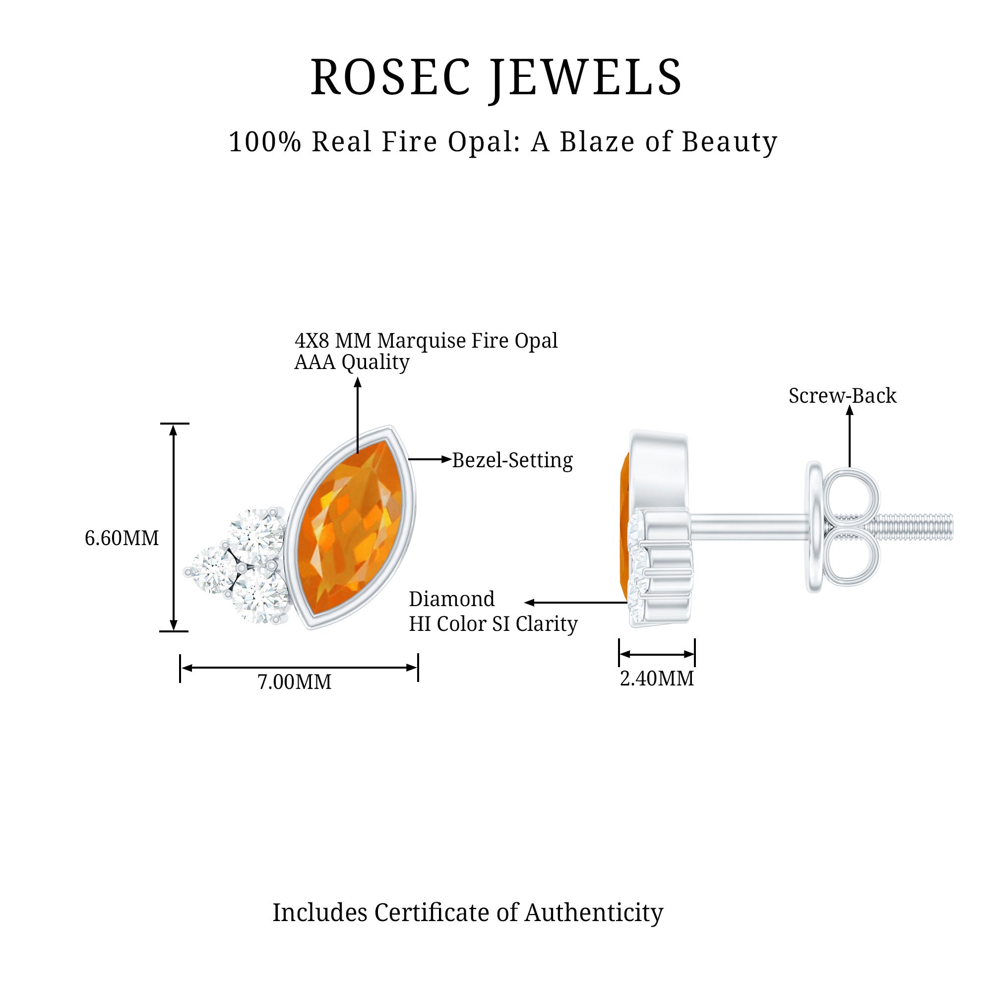 Marquise Cut Fire Opal Stud Earrings with Diamond Trio AAA - Rosec Jewels