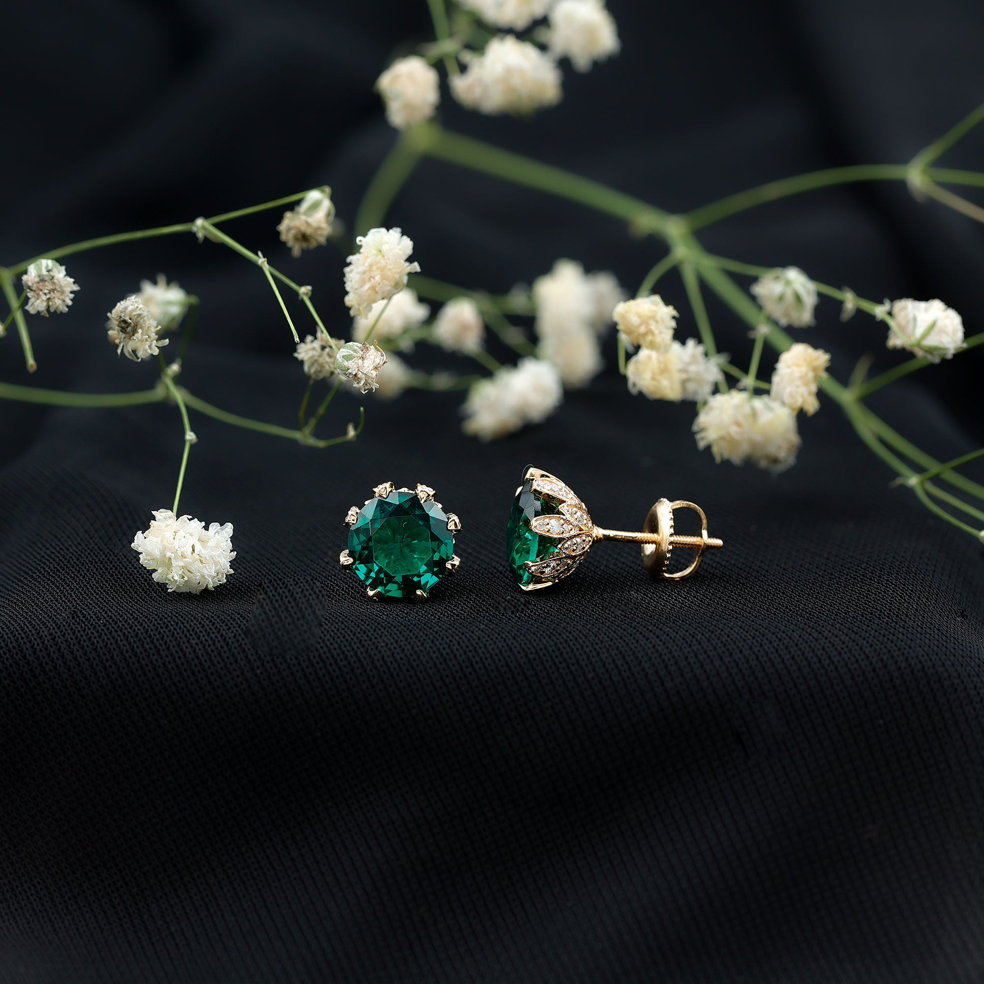 4 Carat Certified Lab Created Emerald Floral Stud Earrings AAAA - Rosec Jewels