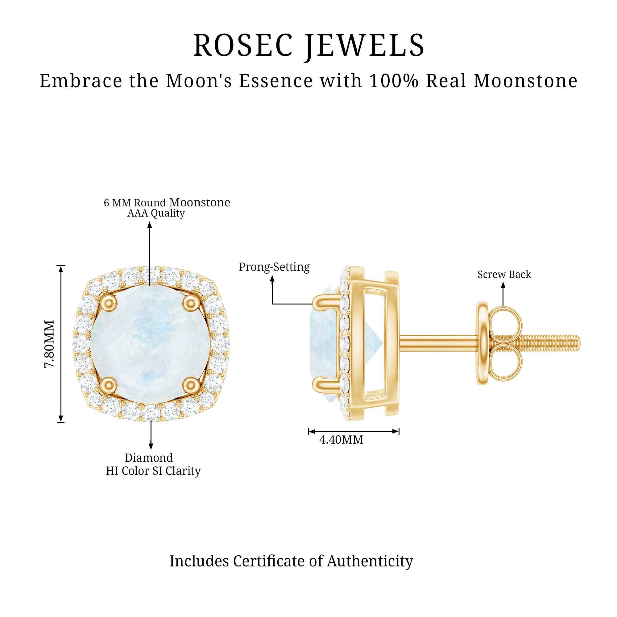 Natural 0.7 Carat Moonstone Stud Earrings with Diamond Halo AAA - Rosec Jewels