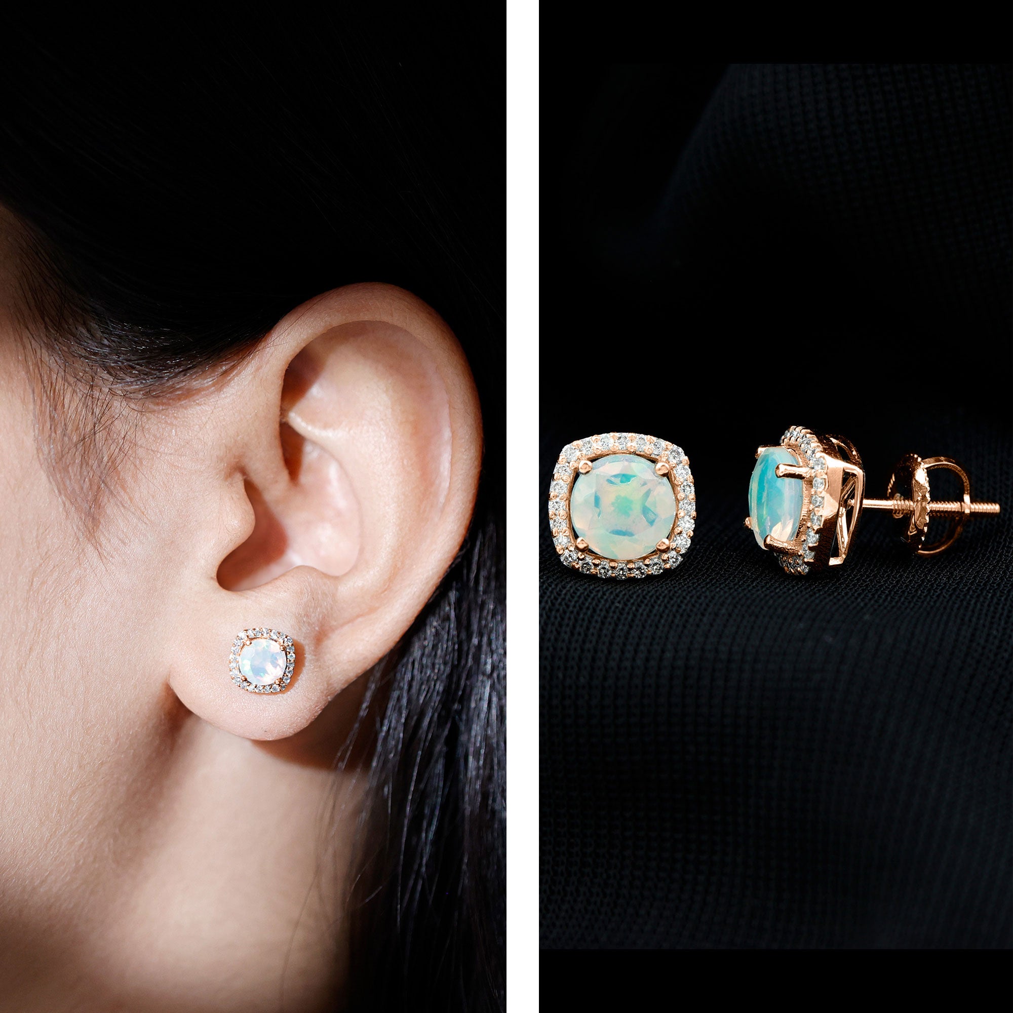 Real 1.6 Carat Ethiopian Opal and Diamond Halo Stud Earrings AAA - Rosec Jewels
