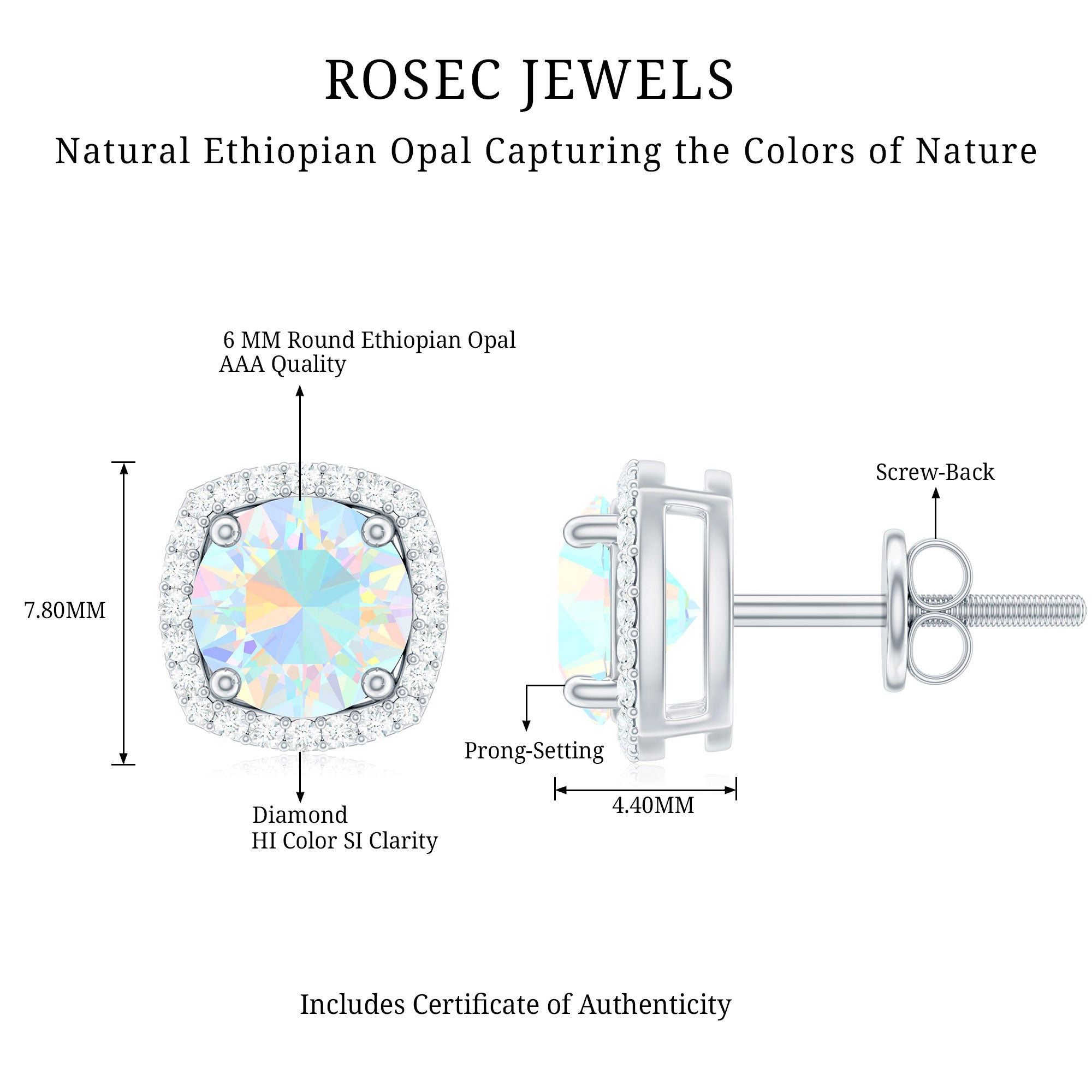 Real 1.6 Carat Ethiopian Opal and Diamond Halo Stud Earrings AAA - Rosec Jewels