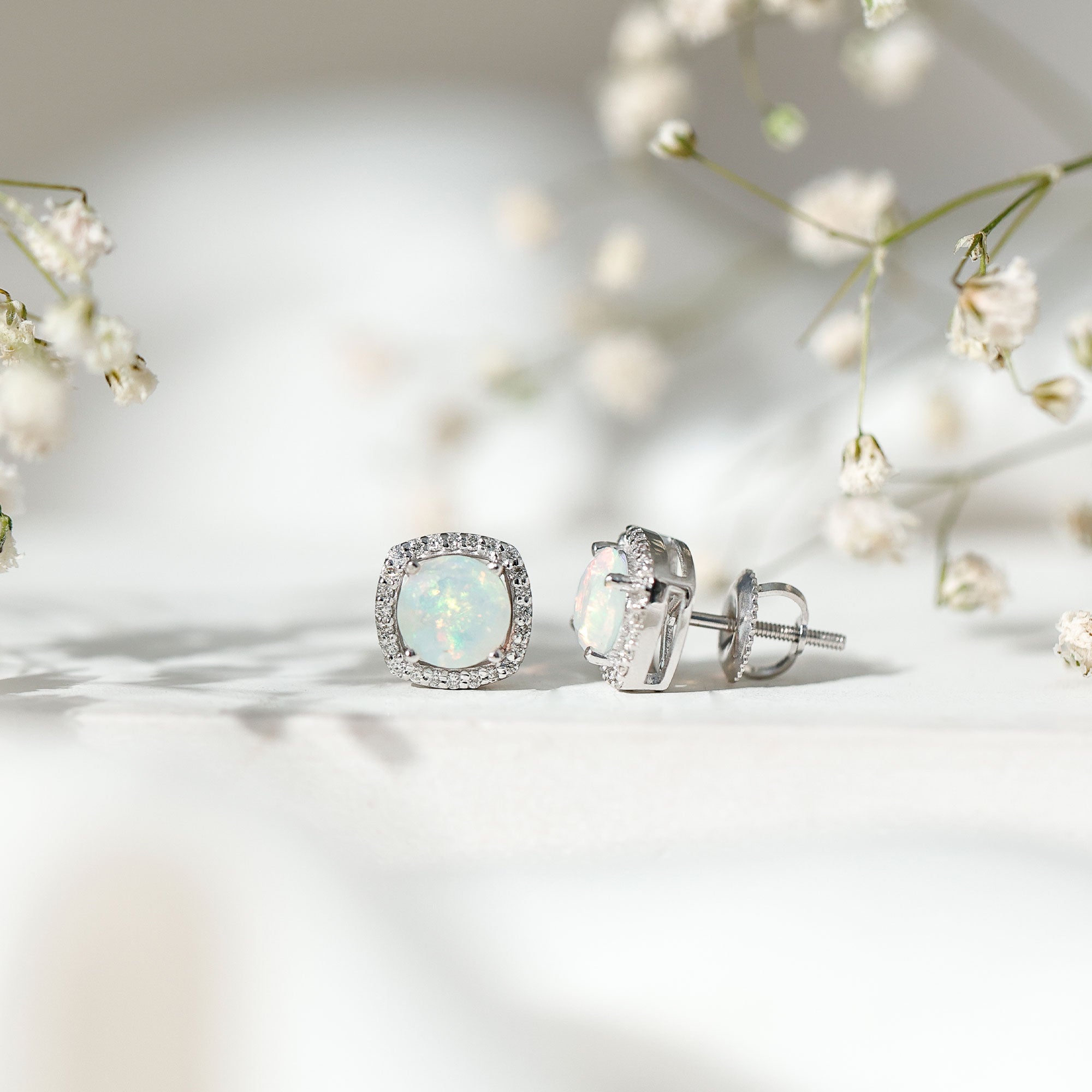 Real 1.6 Carat Ethiopian Opal and Diamond Halo Stud Earrings AAA - Rosec Jewels