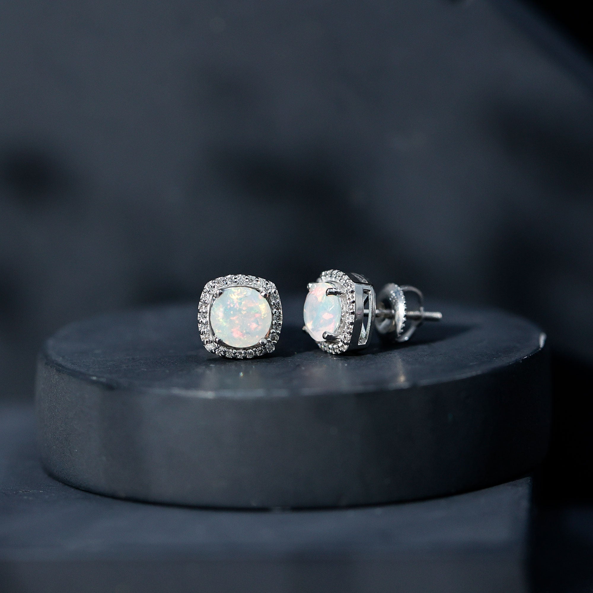 Real 1.6 Carat Ethiopian Opal and Diamond Halo Stud Earrings AAA - Rosec Jewels