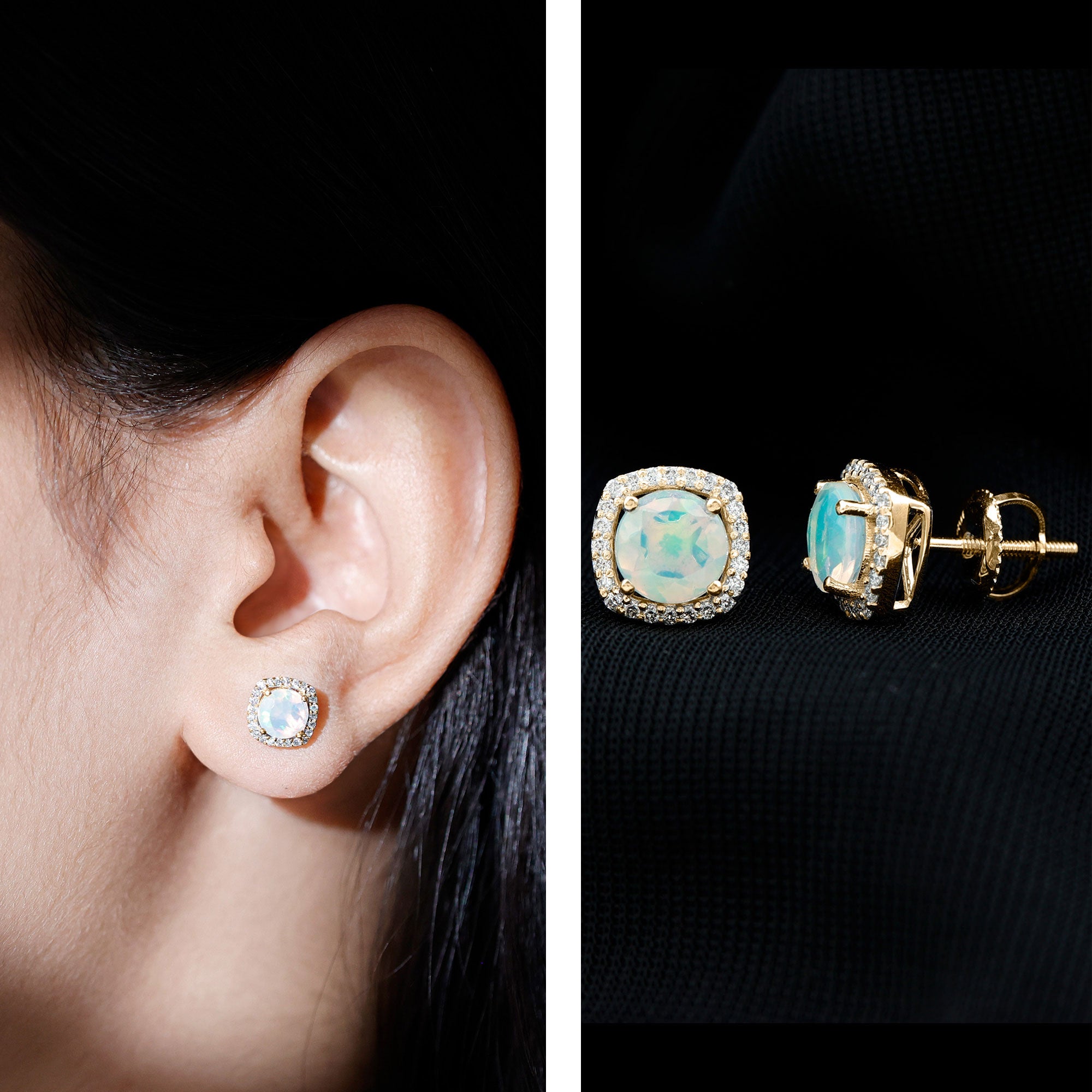 Real 1.6 Carat Ethiopian Opal and Diamond Halo Stud Earrings AAA - Rosec Jewels