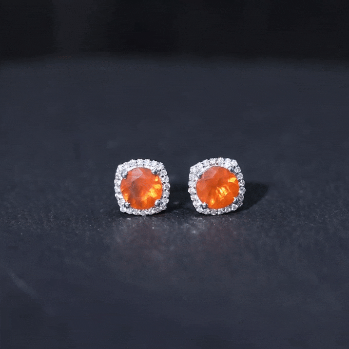 1.5 CT Round Fire Opal and Diamond Halo Stud Earrings AAA - Rosec Jewels