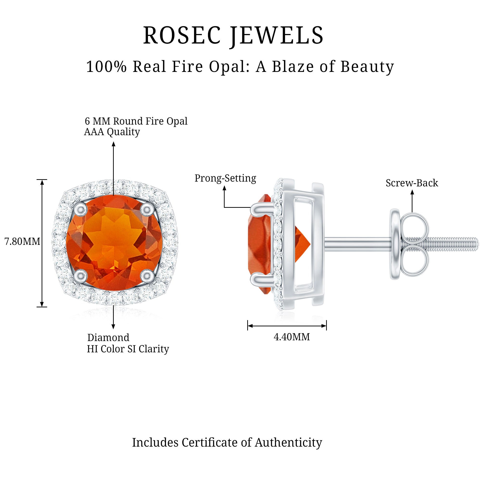 1.5 CT Round Fire Opal and Diamond Halo Stud Earrings AAA - Rosec Jewels