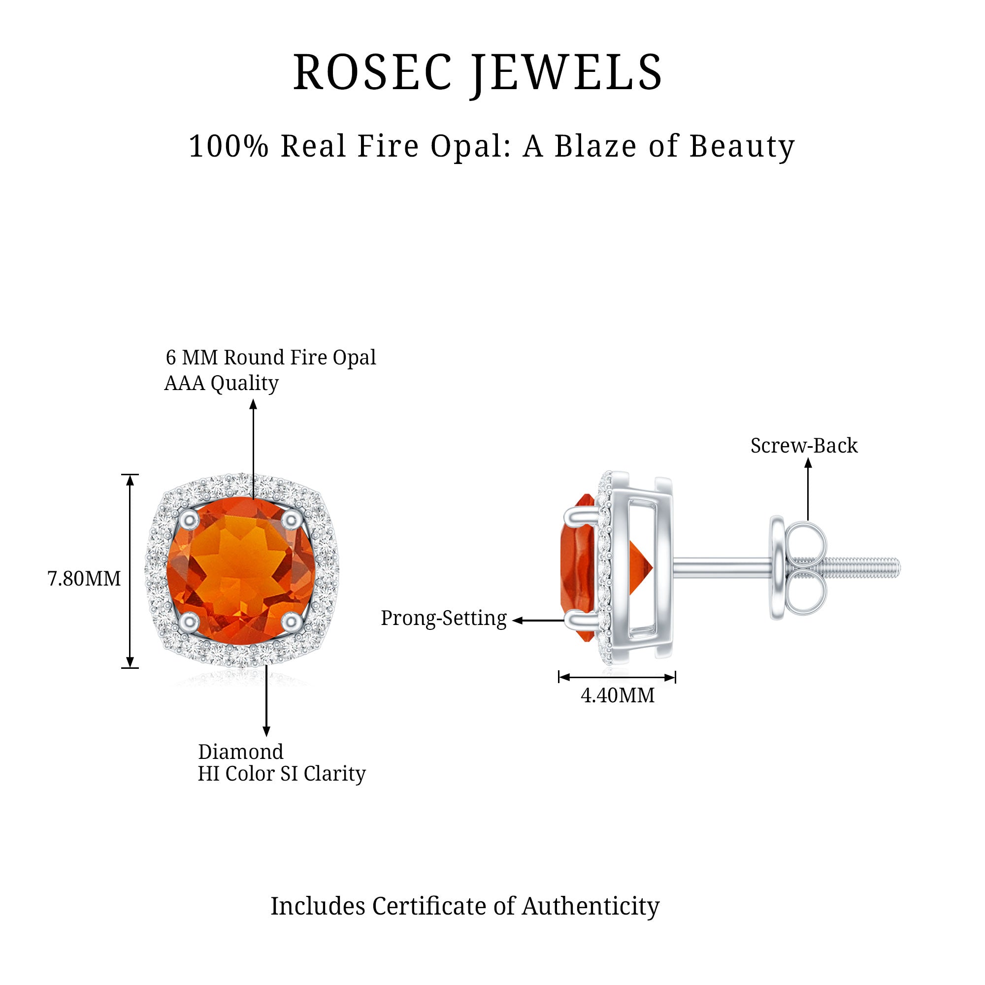 1.5 CT Round Fire Opal and Diamond Halo Stud Earrings AAA - Rosec Jewels