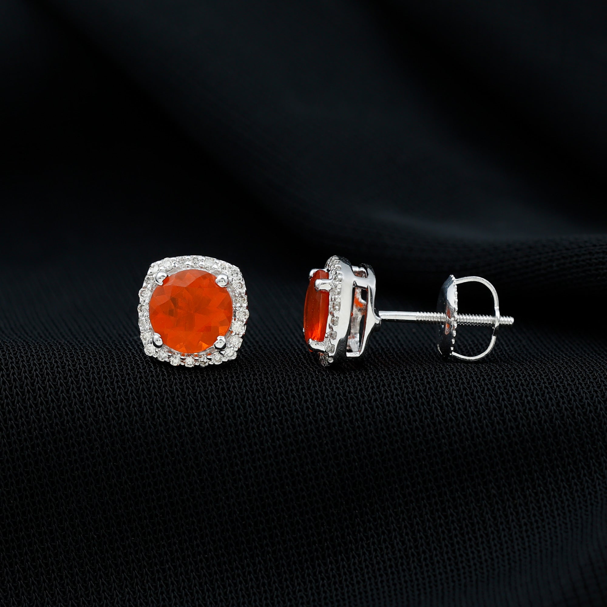 1.5 CT Round Fire Opal and Diamond Halo Stud Earrings AAA - Rosec Jewels
