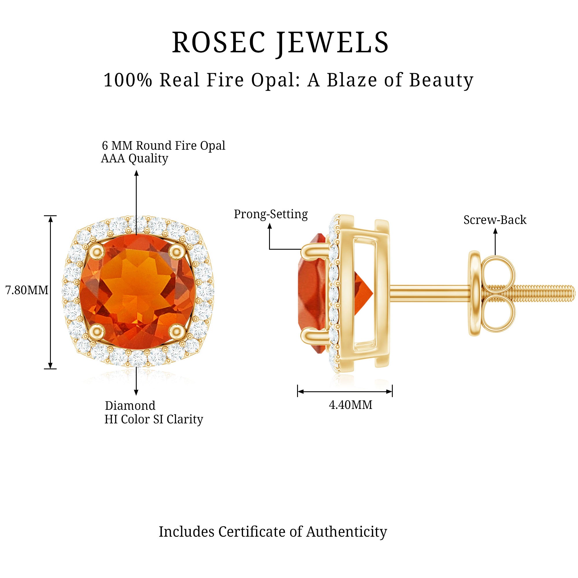 1.5 CT Round Fire Opal and Diamond Halo Stud Earrings AAA - Rosec Jewels
