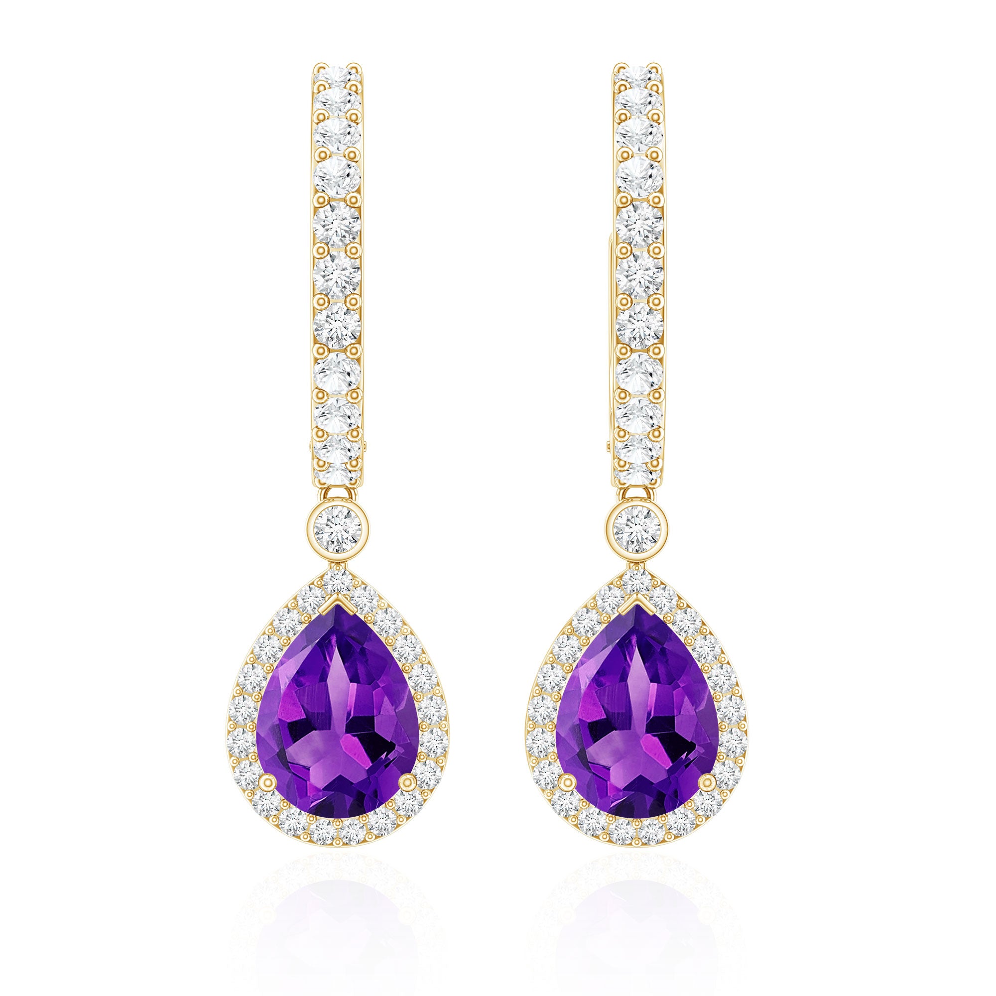 2 Carat Pear Cut Amethyst Hoop Drop Earrings with Diamond Halo AAA - Rosec Jewels