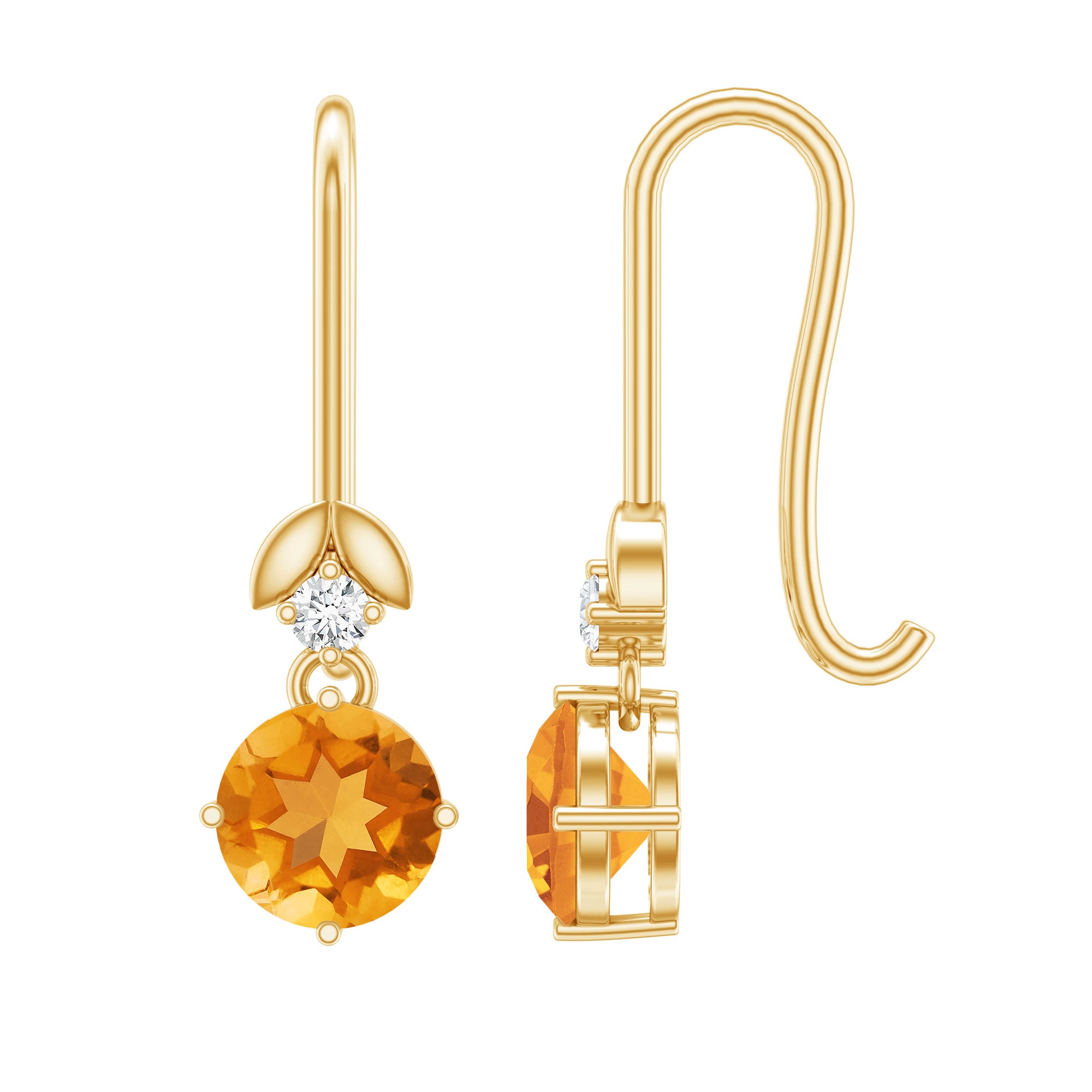 Certified Natural Citrine Diamond Drop Earrings with Fish Hook AAA - Rosec Jewels
