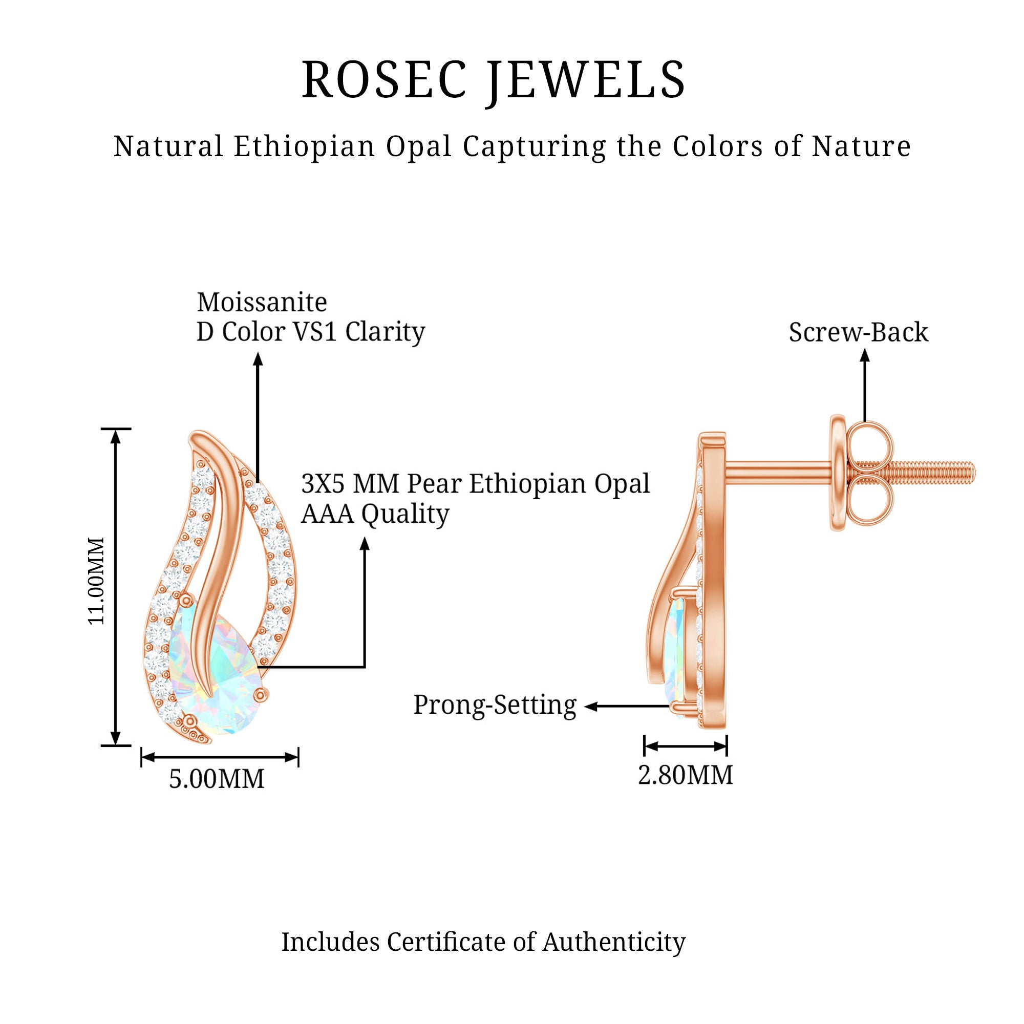 Pear Shape Ethiopian Opal Leaf Stud Earrings with Moissanite AAA - Rosec Jewels
