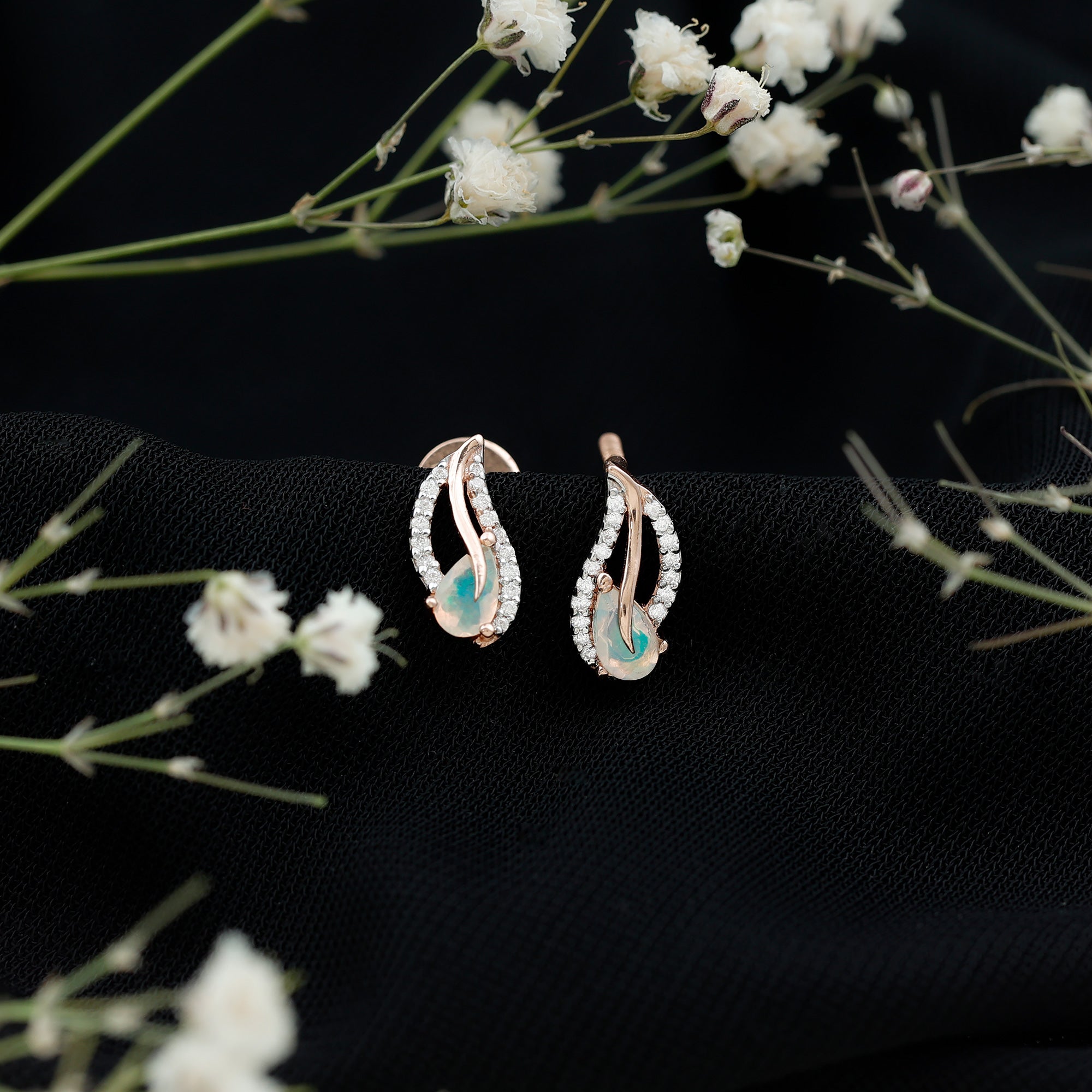 Pear Shape Ethiopian Opal Leaf Stud Earrings with Moissanite AAA - Rosec Jewels