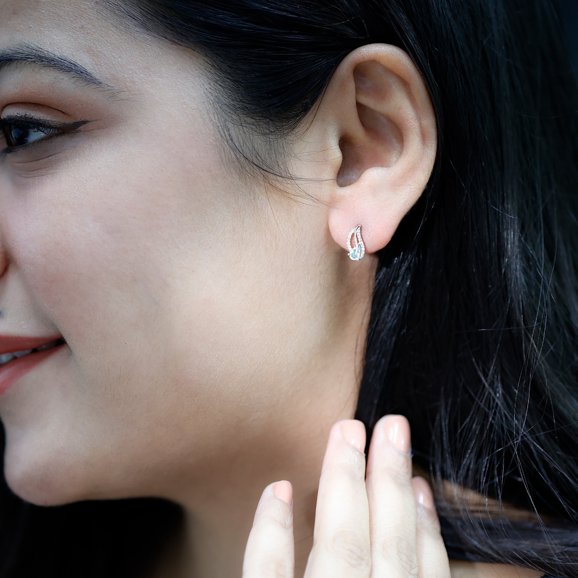 Pear Shape Ethiopian Opal Leaf Stud Earrings with Moissanite AAA - Rosec Jewels
