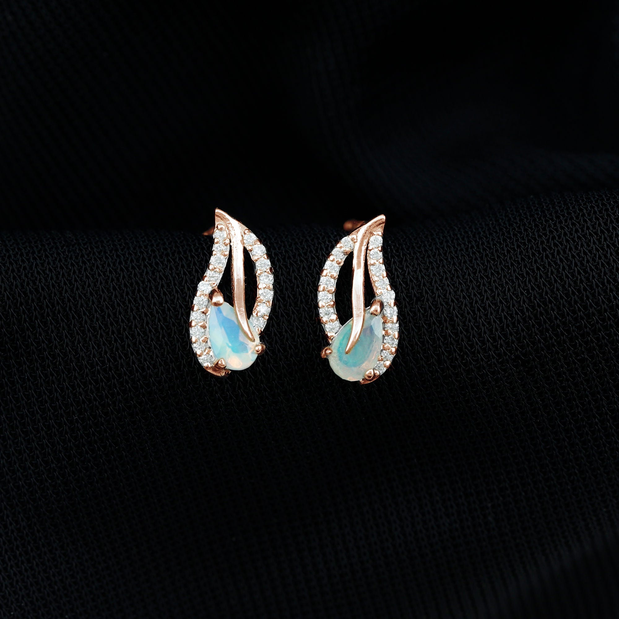 Pear Shape Ethiopian Opal Leaf Stud Earrings with Moissanite AAA - Rosec Jewels