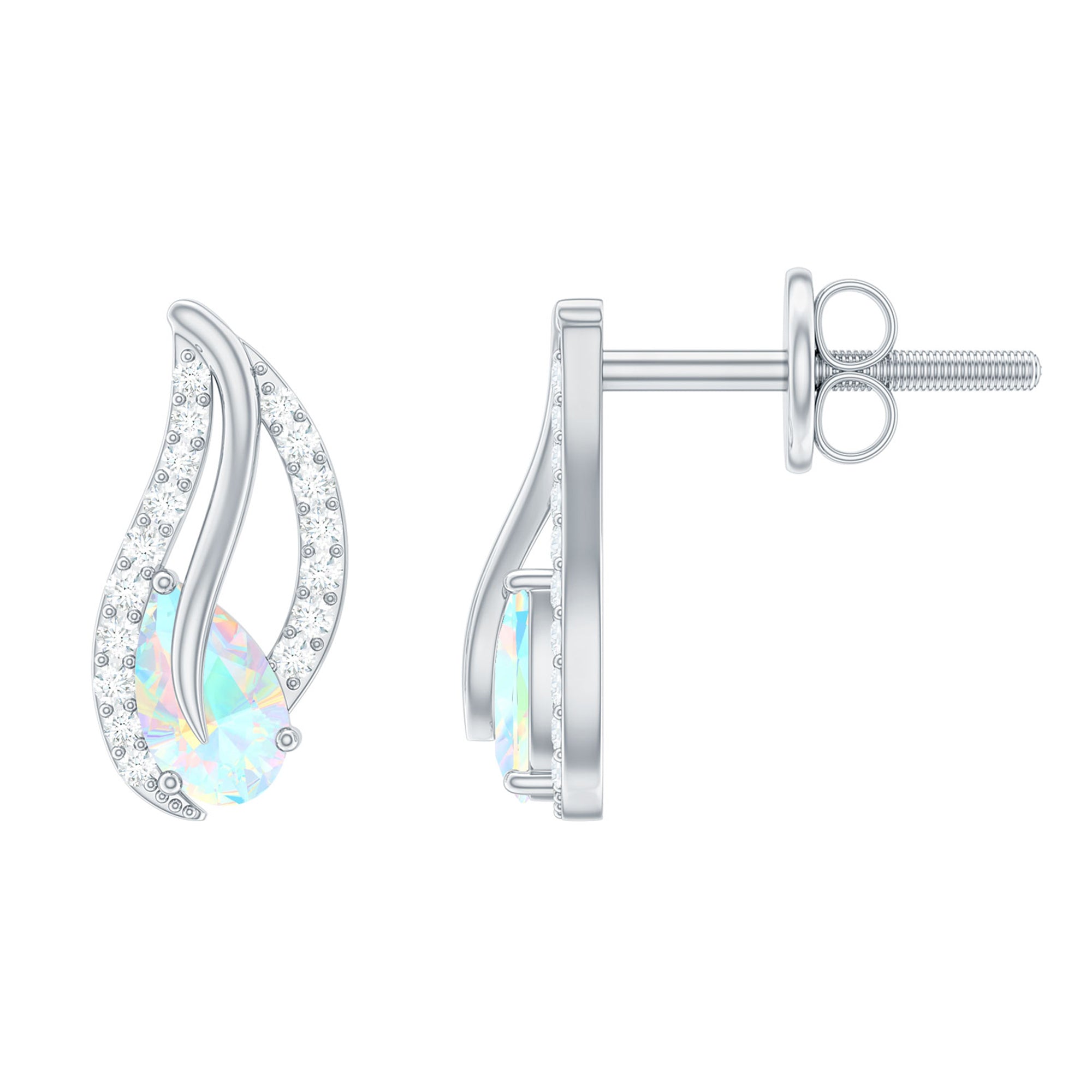 Pear Shape Ethiopian Opal Leaf Stud Earrings with Moissanite