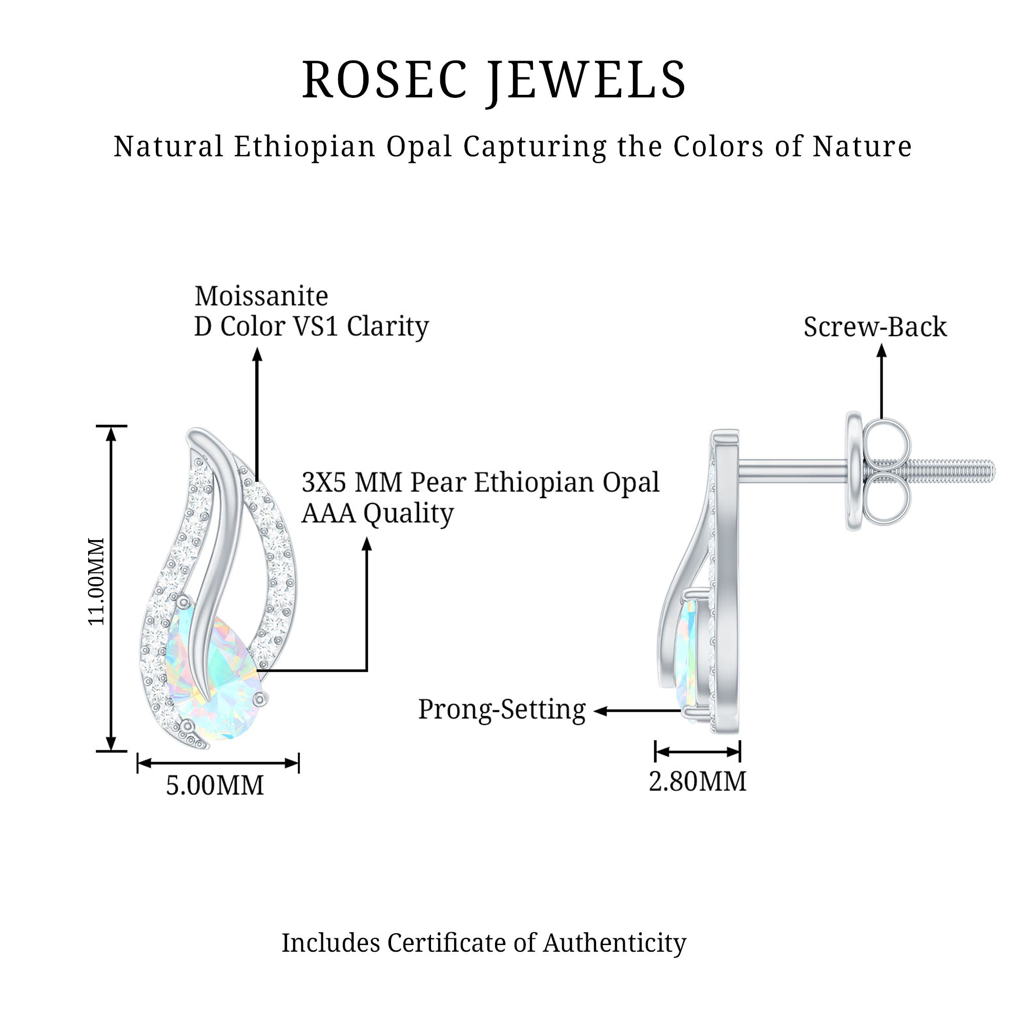 Pear Shape Ethiopian Opal Leaf Stud Earrings with Moissanite AAA - Rosec Jewels